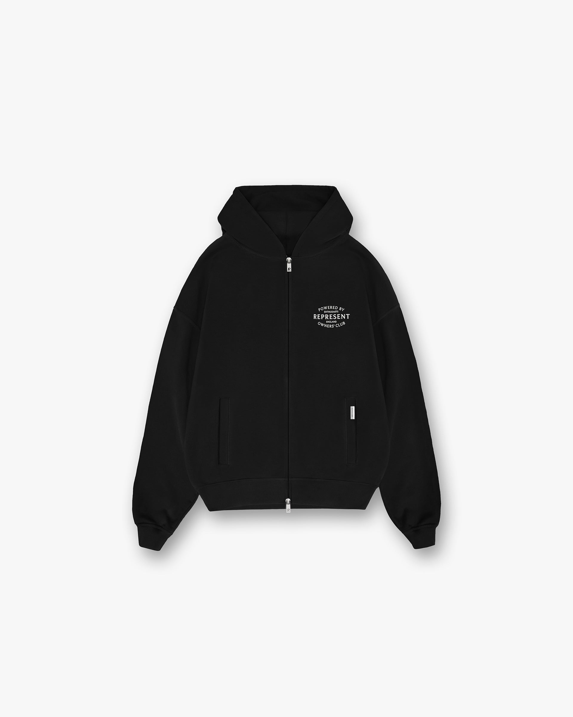 Front product image of a mens black zip up hoodie on a plain white background | Owners Club Stamp Zip Up Hoodie in Jet Black | Zip up hoodie with Owners Club stamp | Owners Club Hoodies | Represent Clo