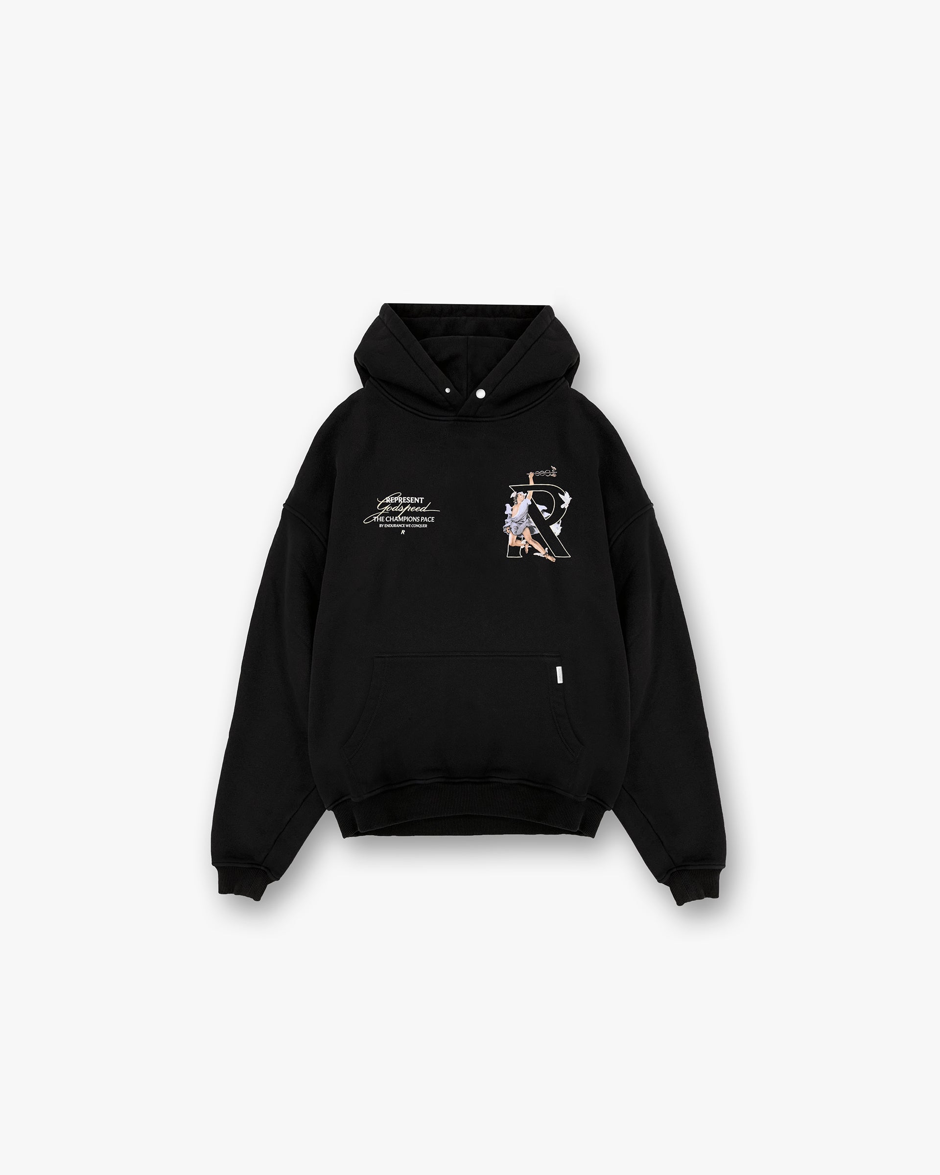 Front product image of a mens black hoodie on a plain white background | Hermes Hoodie in Jet Black | Nylon hoodie with zip pockets and storm flaps | FW24 Hoodies | Represent Clo