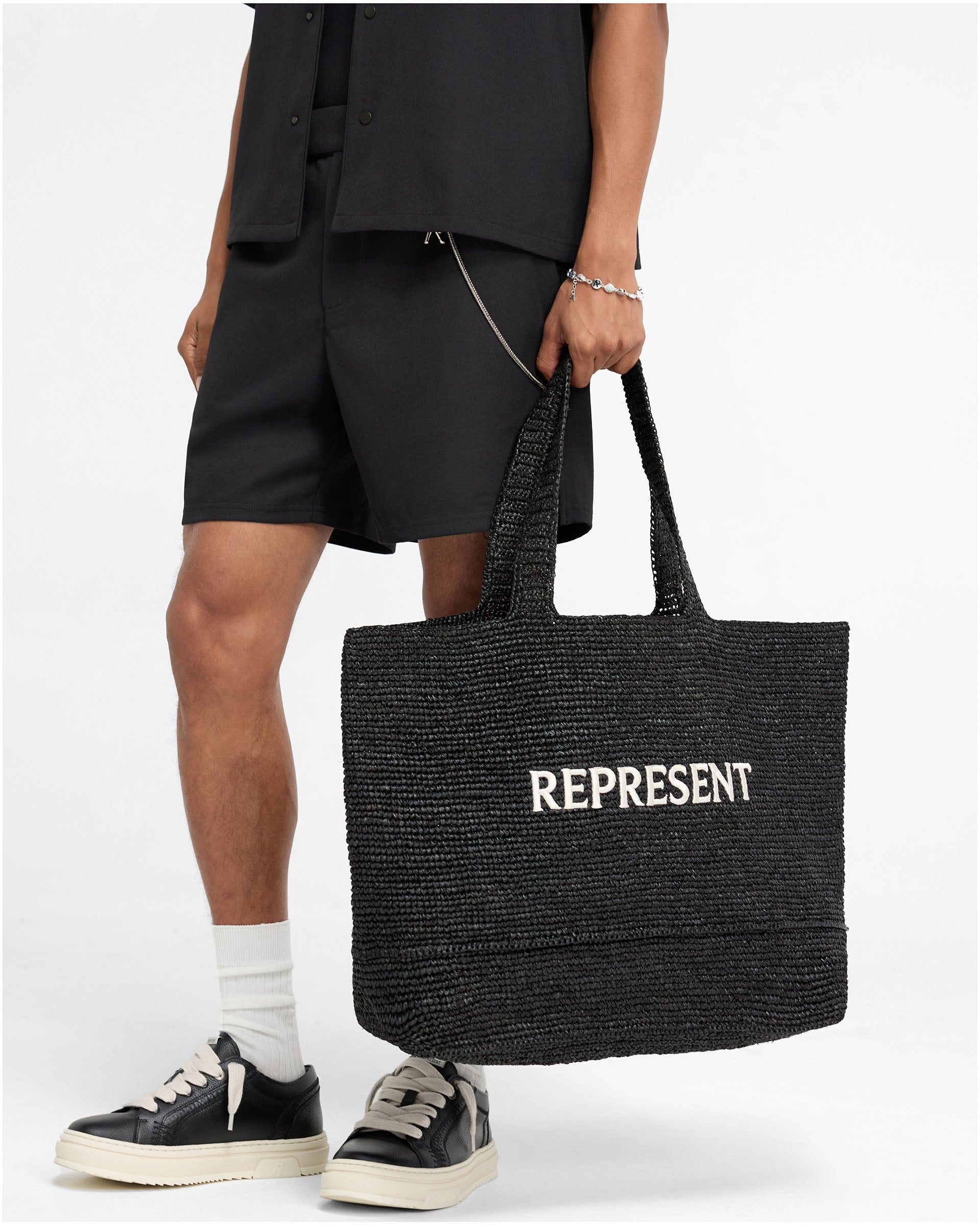 Back product image of a black tote bag on a plain white background | Raffia Tote Bag in Black | Tote bag with leather inner pocket | FW24 Accessories | Represent Clo