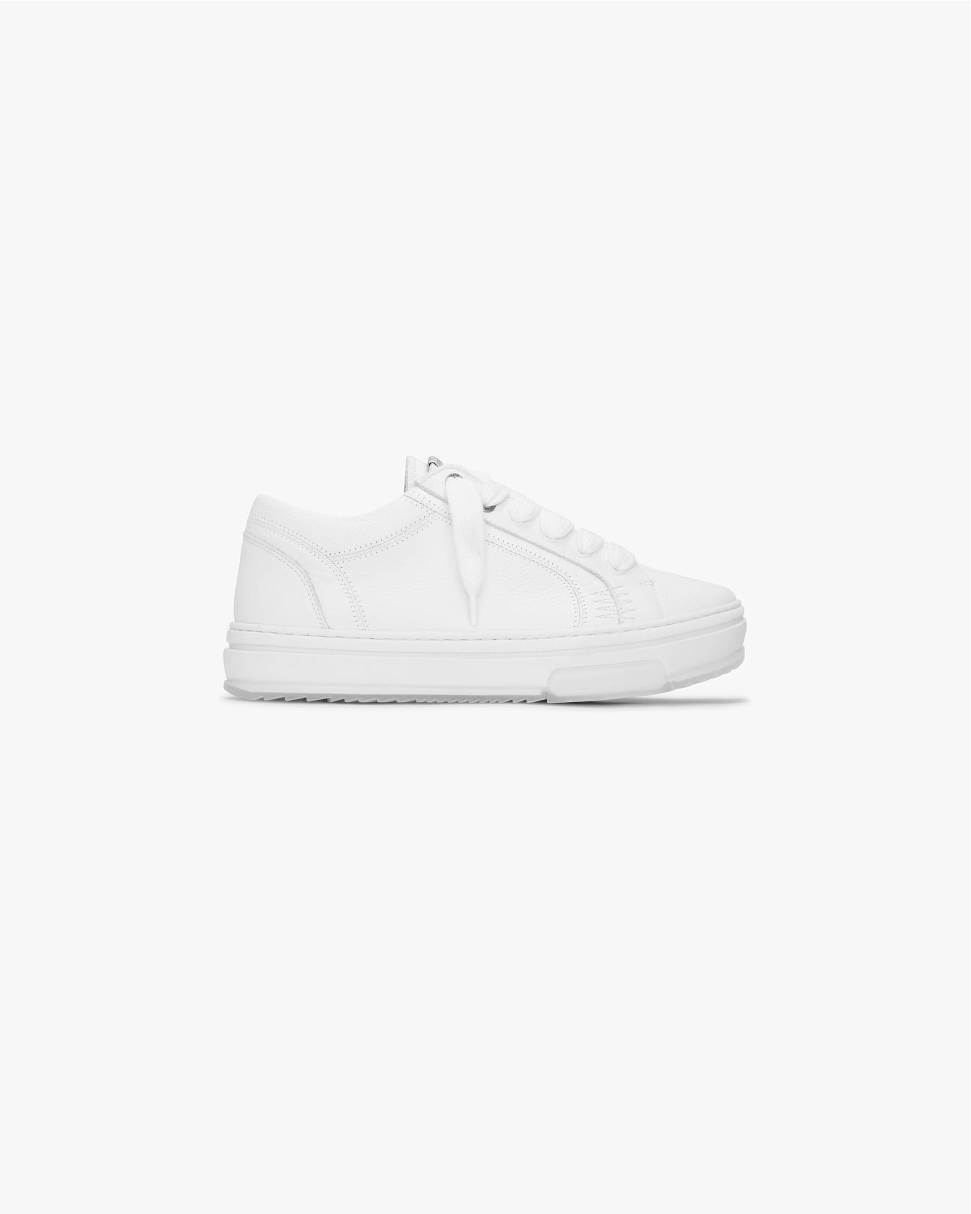 Front product image of mens white tumbled leather sneakers on a plain white background | HTN Low Tumbled Leather in Flat White | White sneakers with a low-cut design | SS24 Footwear | Represent Clo