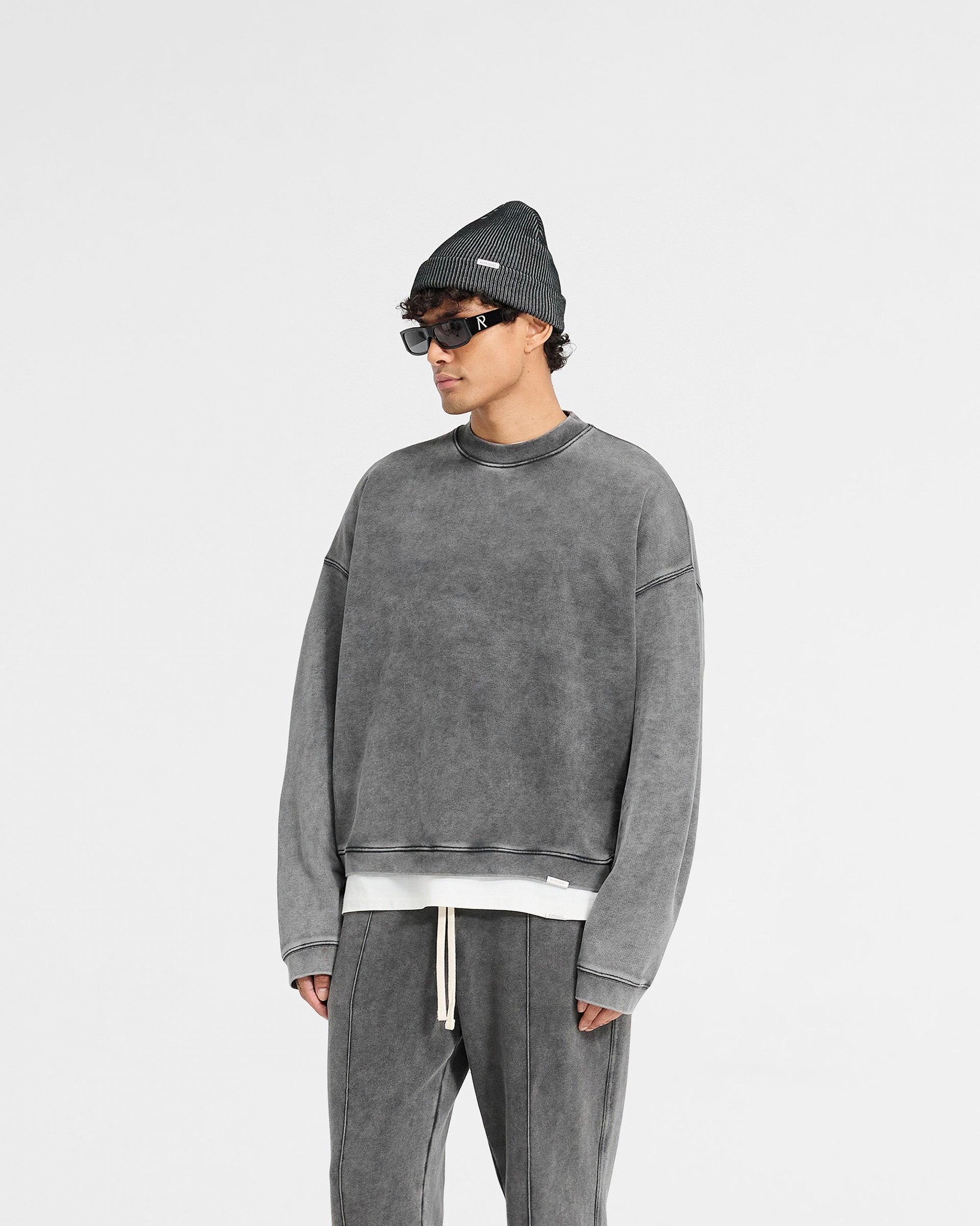 Back product image of a mens grey sweater on a plain white background | Initial Boxy Sweater in Vintage Grey | Oversized cropped sweater with dropped shoulders | Initial Sweaters | Represent Clo
