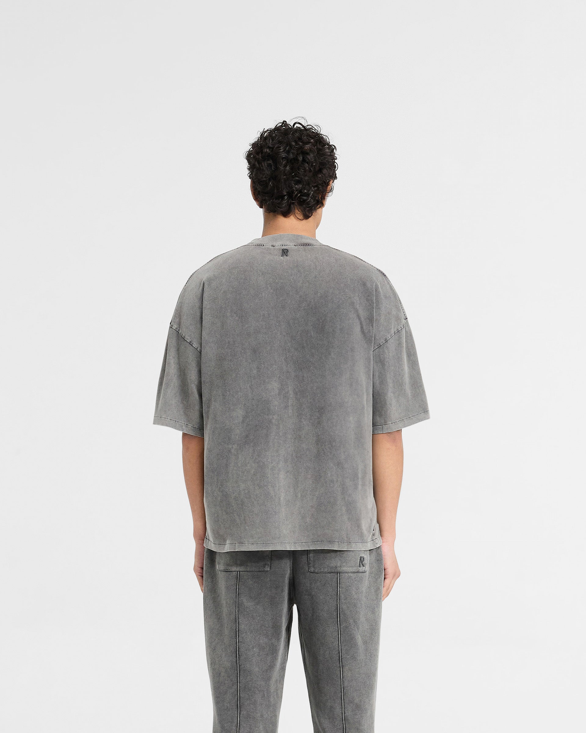 Back product image of a mens grey t-shirt on a plain white background | Initial Boxy T-Shirt in Vintage Grey | Super oversized boxy and cropped t-shirt | Initial T-Shirts | Represent Clo