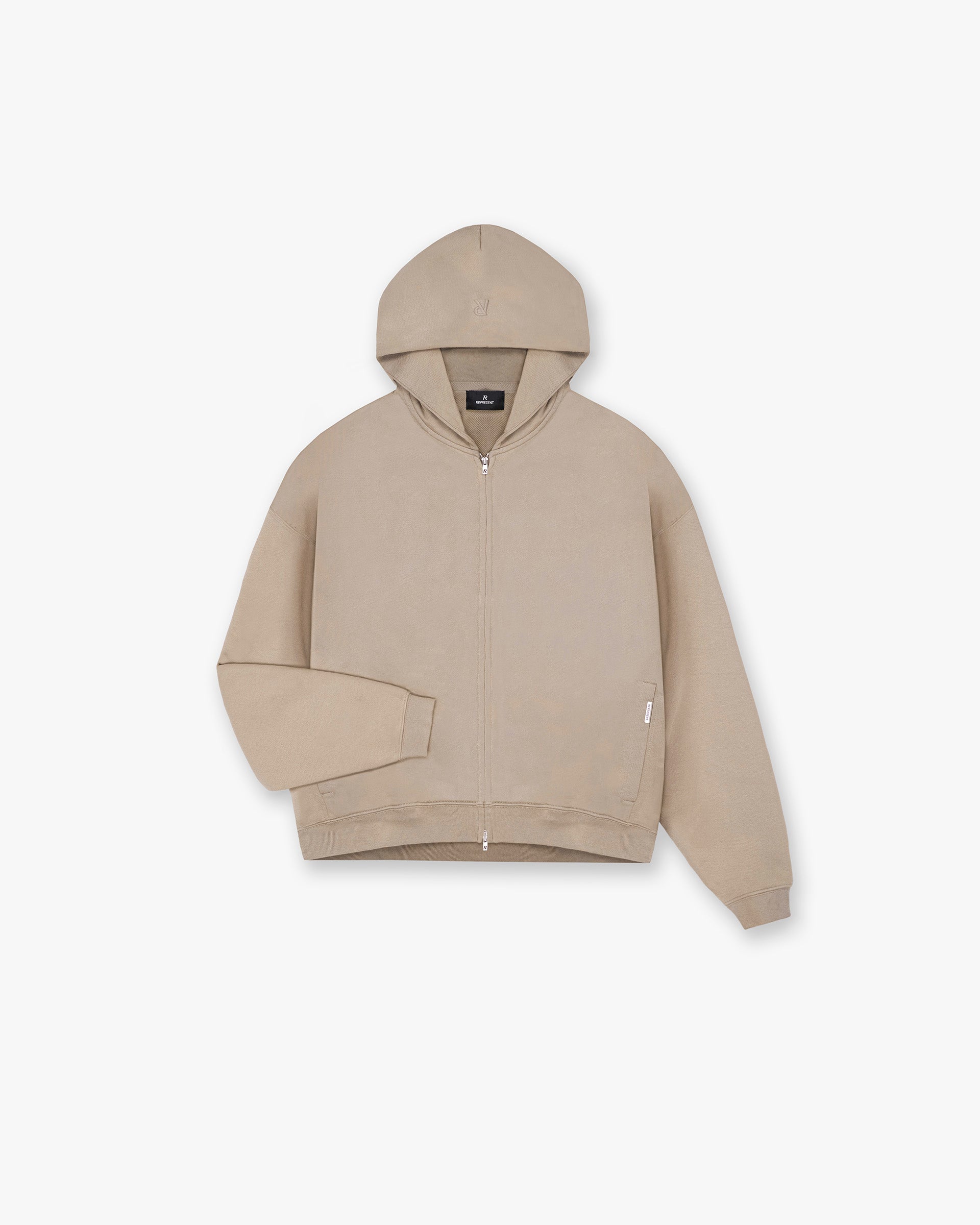 Front product image of a mens beige hoodie on a plain white background | Initial Boxy Zip Through Hoodie in Dune | Hoodie with boxy fit and zip through design | Initial Hoodies | Represent Clo