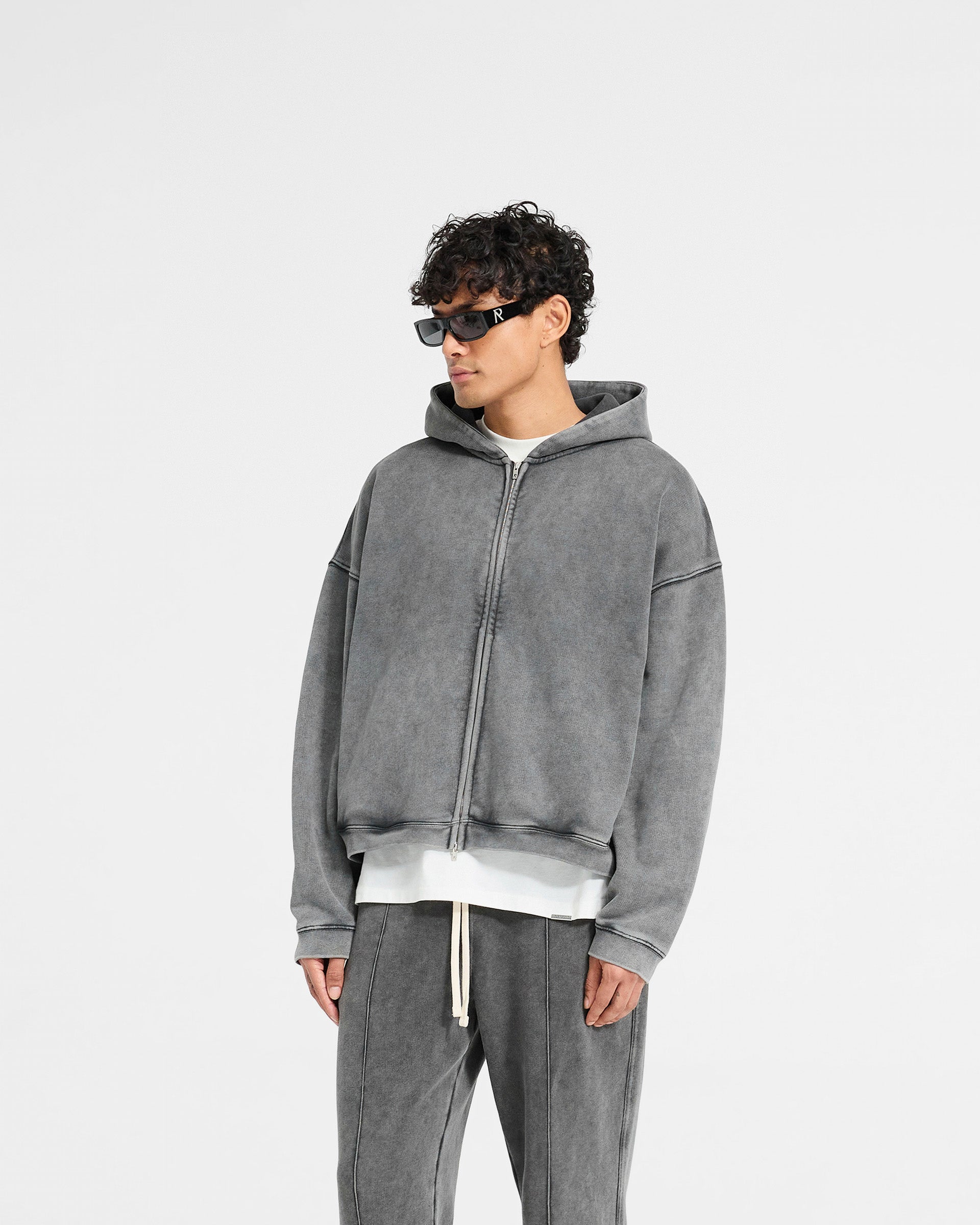 Back product image of a mens grey zip hoodie on a plain white background | Initial Boxy Zip Through Hoodie in Vintage Grey | Oversized boxy fit zip through hoodie | Initial Hoodies | Represent Clo