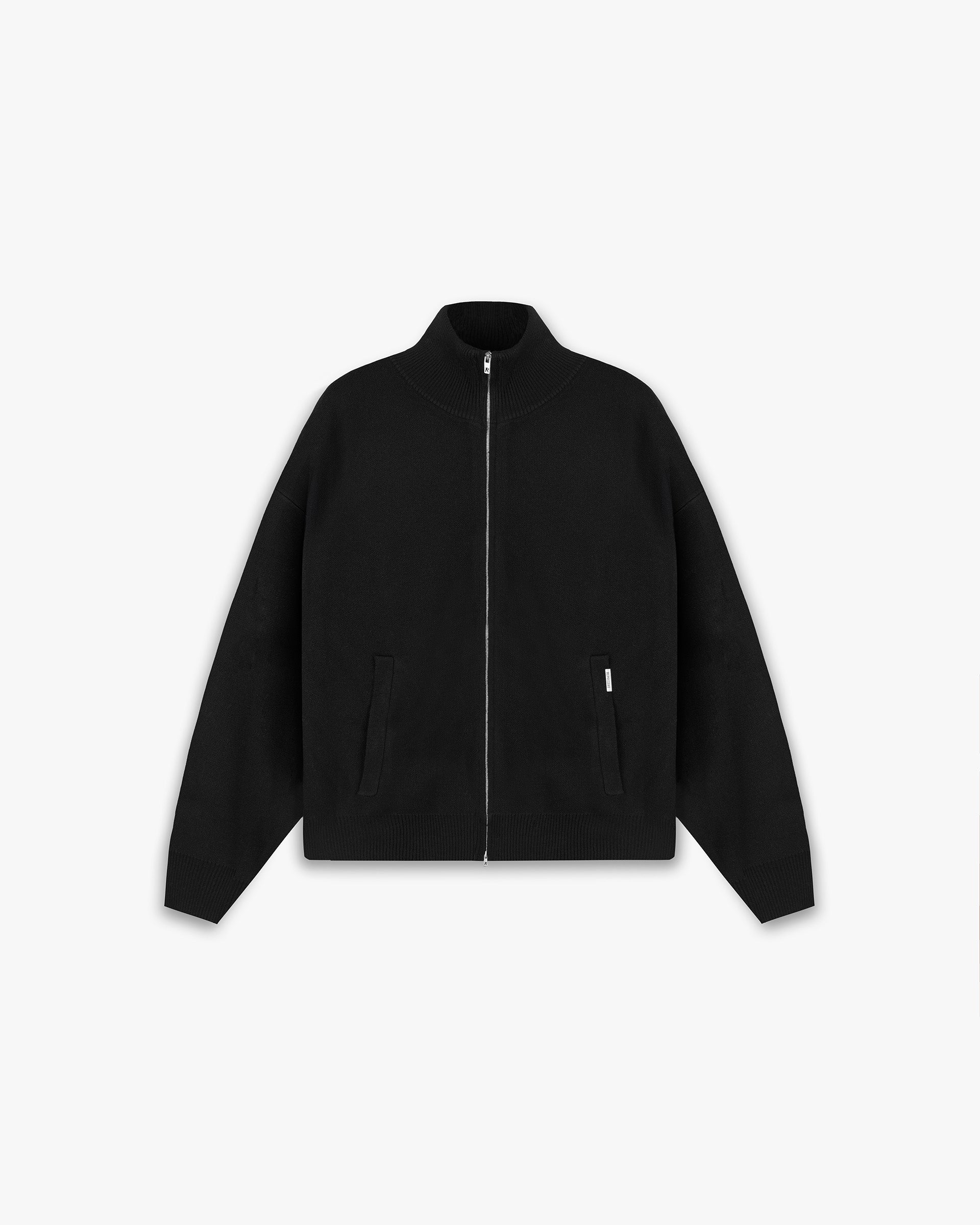 Front product image of a mens black track jacket on a plain white background | Initial Knitted Track Jacket in Jet Black | Knitted track jacket | Initial Knitwear | Represent Clo