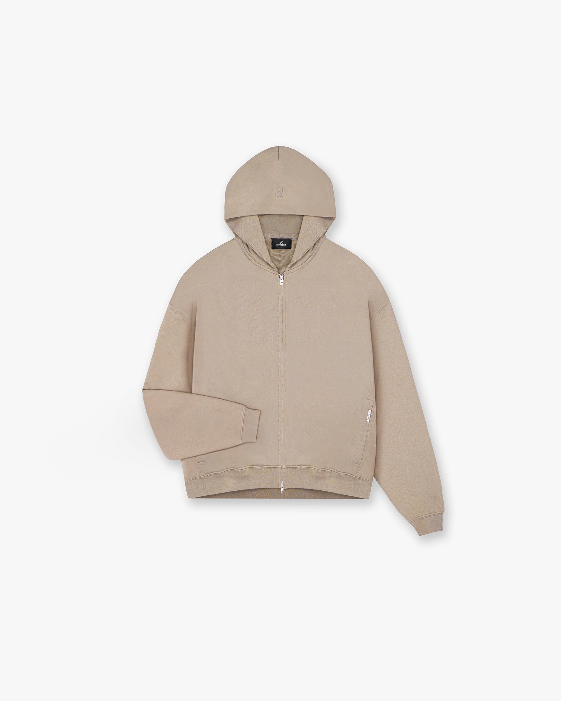 Front product image of a mens camo hoodie on a plain white background | Initial Zip Hoodie in Dune | Cotton camo zipped hoodie | Initial Hoodies | Represent Clo
