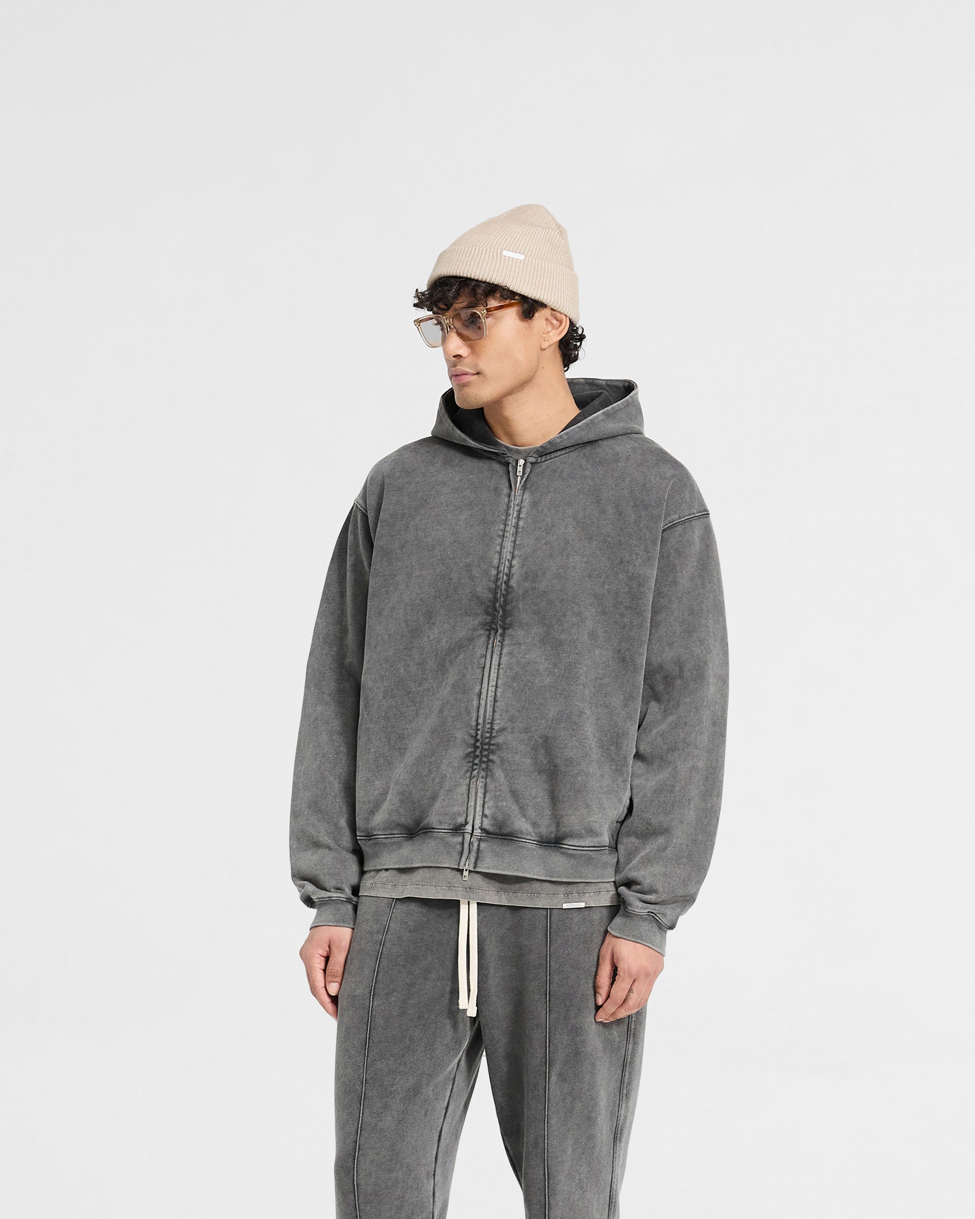 Back product image of a mens grey zip hoodie on a plain white background | Initial Zip Hoodie in Vintage Grey | Oversized grey zip hoodie with side seam pockets | Initial Hoodies | Represent Clo