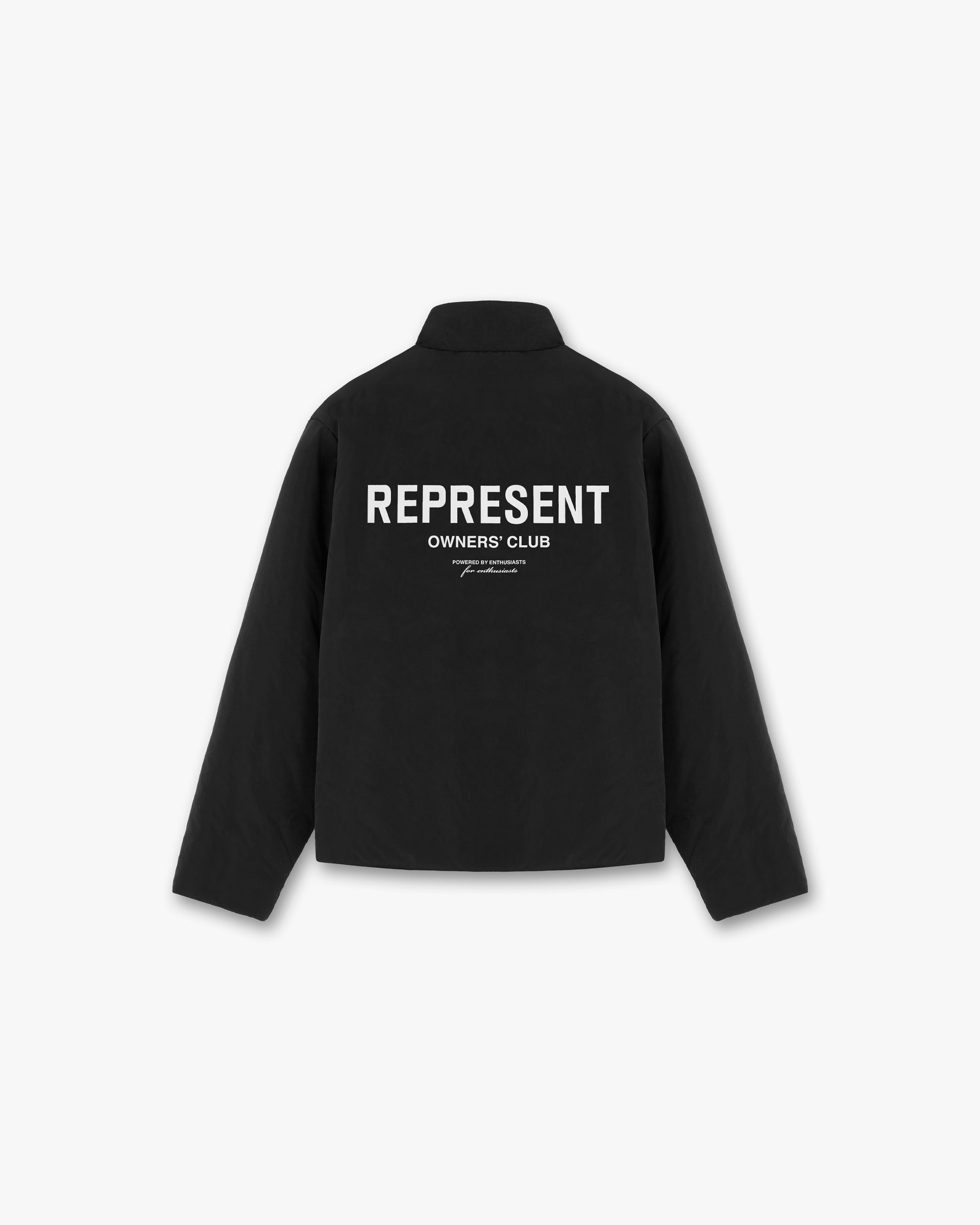 Back product image of a mens black wadded jacket on a plain white background | Represent Owners Club Wadded Jacket in Black | Wadded jacket with zip closure and adjustable hem | Owners Club Outerwear | Represent Clo