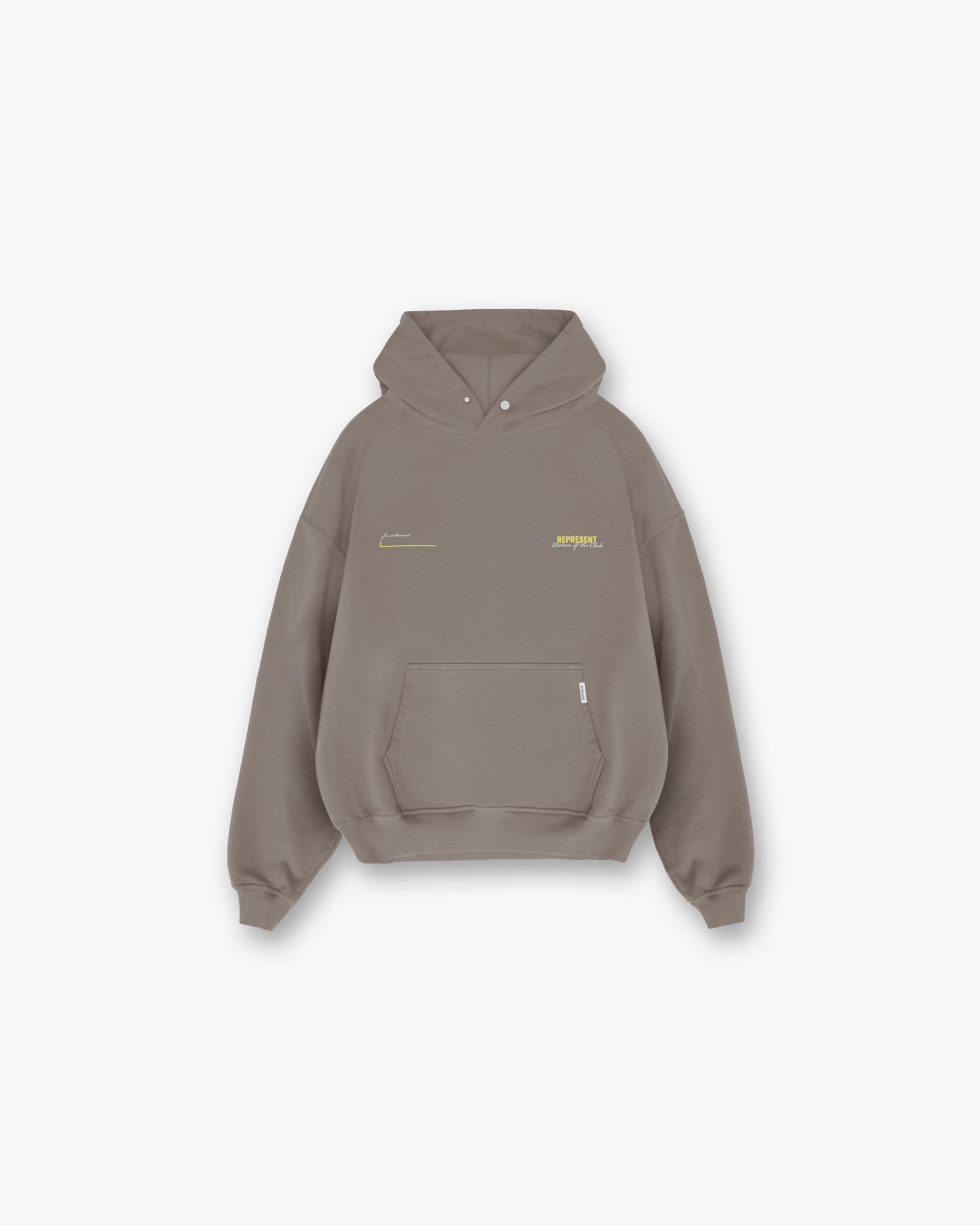 Front product image of a mens green hoodie on a plain white background | Patron Of The Club Hoodie in Washed Olive | Hoodie with relaxed fit | Patrons Hoodies | Represent Clo