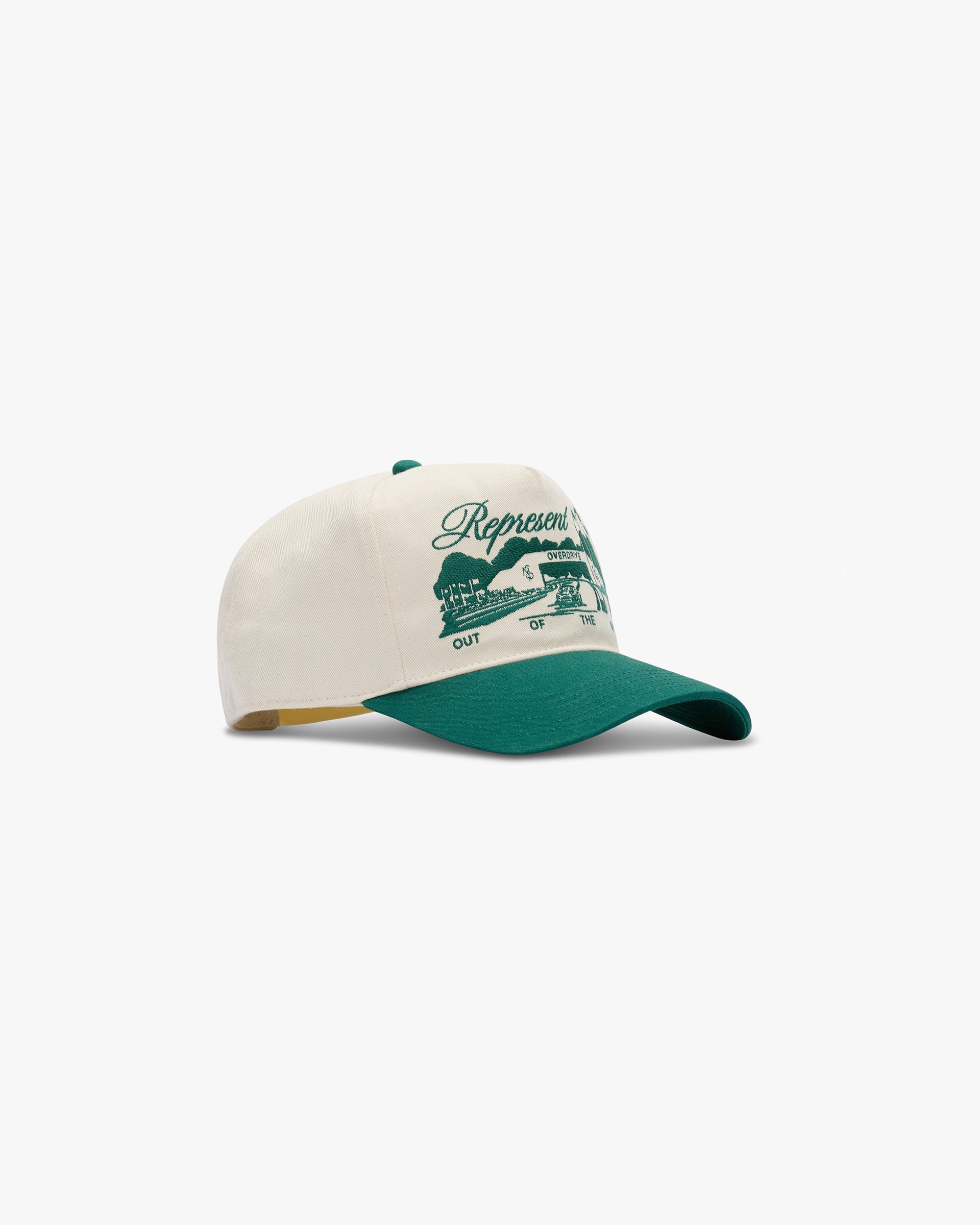 Front product image of a mens white and green cap on a plain white background | Raceway Cap in Antique White Forest Green | Accessories cap with tonal detailing | SS25 Accessories | Represent Clo