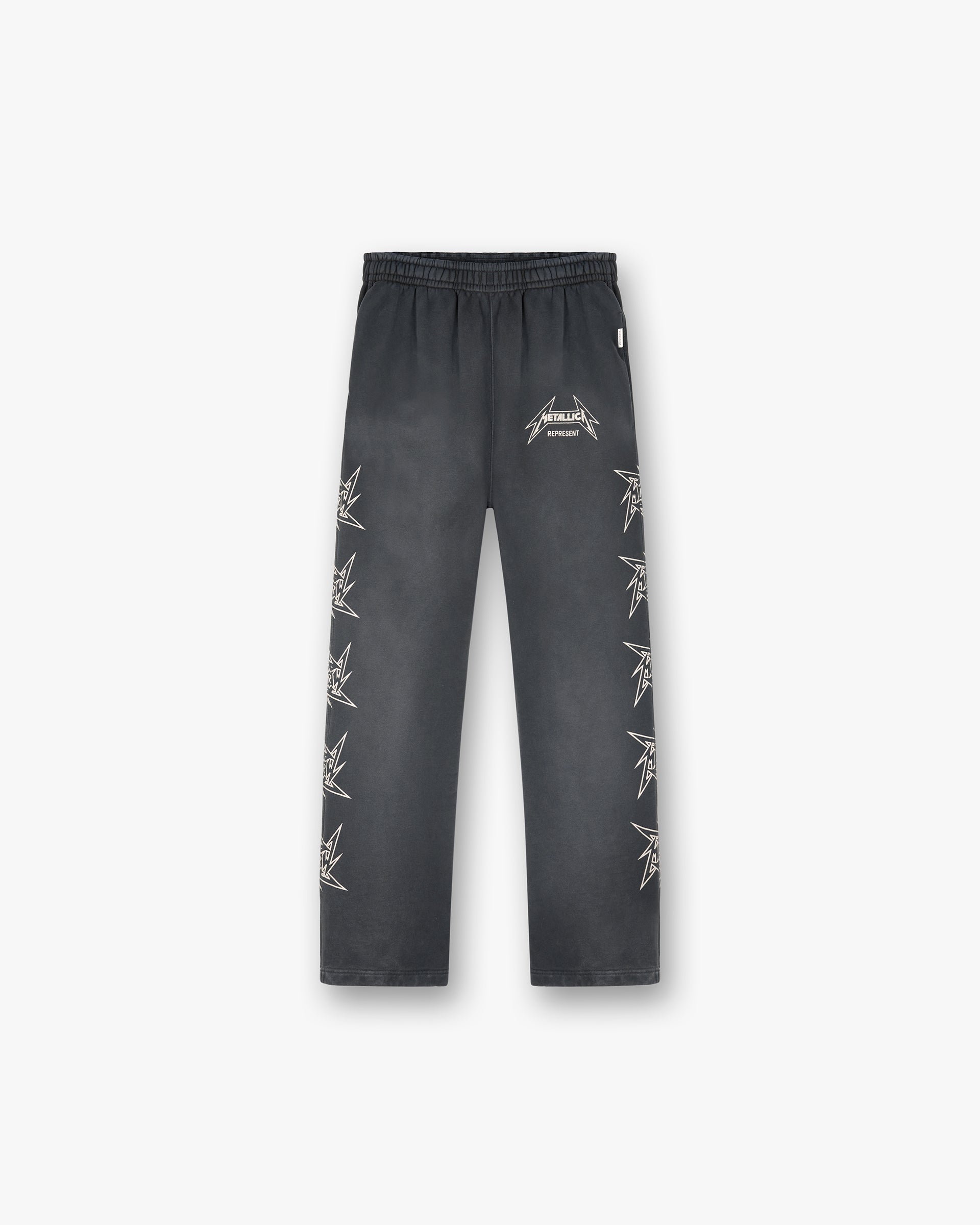 Front product image of a mens black sweatpant on a plain white background | Represent X Metallica Local Crew Sweatpant in Stained Black | Sweatpant with charity contribution | SS24 Pants | Represent Clo