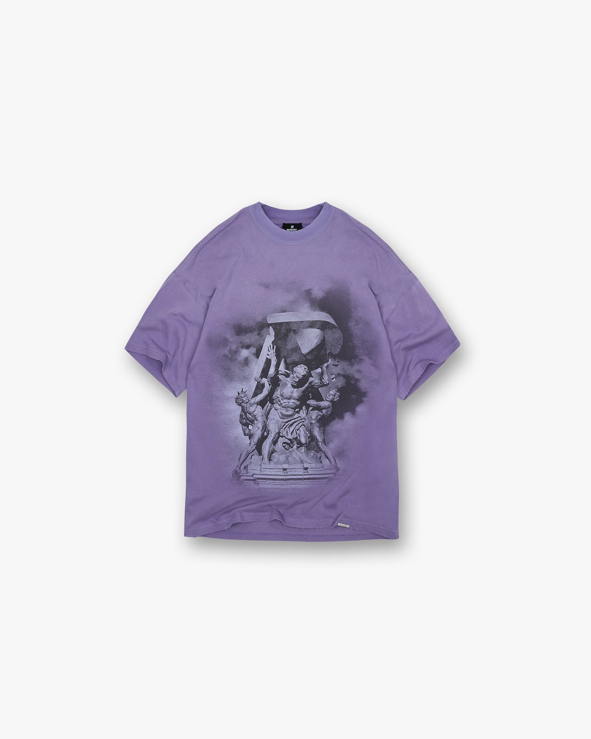 Front product image of a mens purple t-shirt on a plain white background | Atlas T-Shirt in Purple | Oversized fit cotton t-shirt with puff print graphic | FW24 T-Shirts | Represent Clo