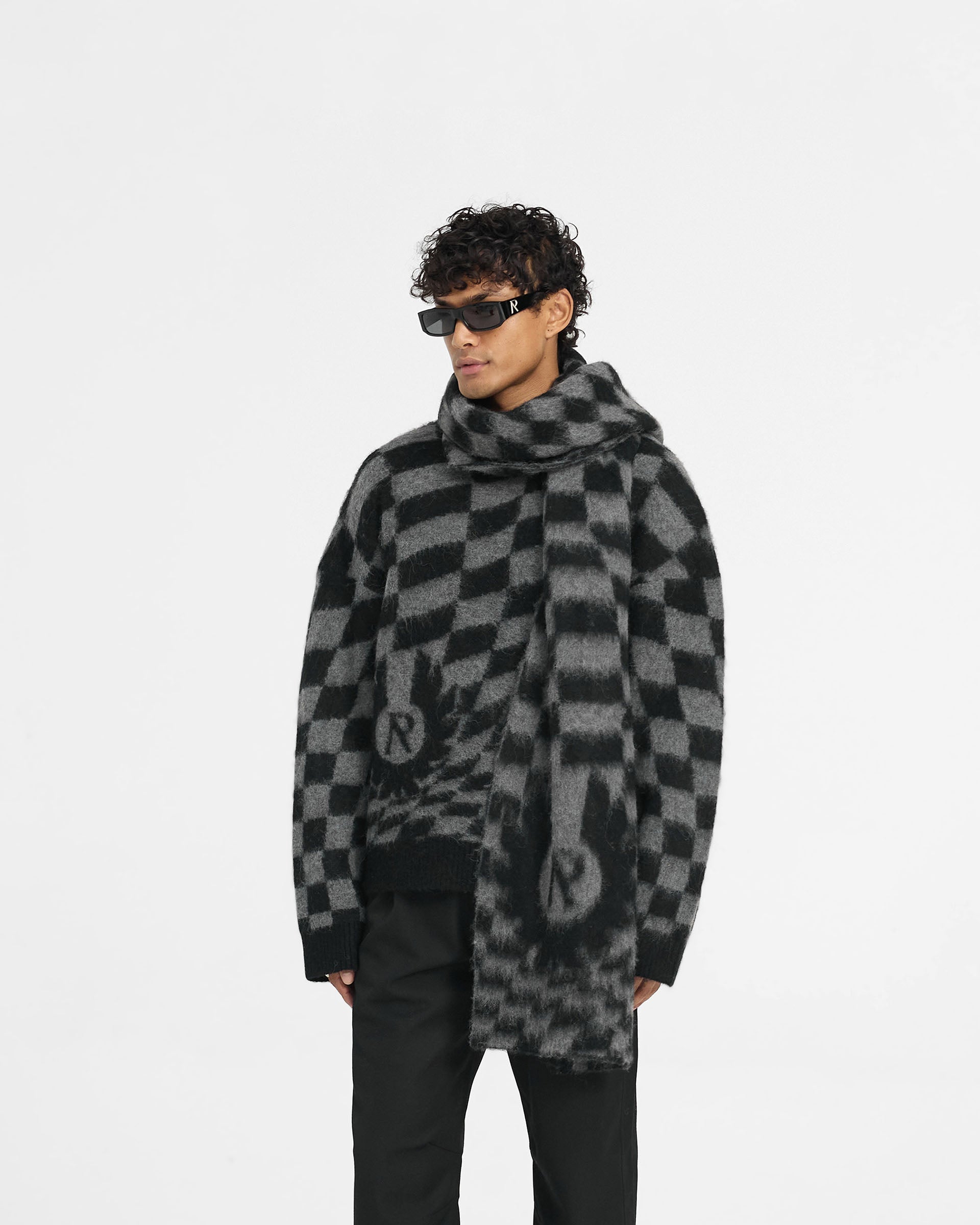 Back product image of a mens grey knit sweater on a plain white background | Represent X Belstaff Checkerboard Knit Sweater in Shadow | Oversized fit knitwear | Exclusives Knitwear | Represent Clo