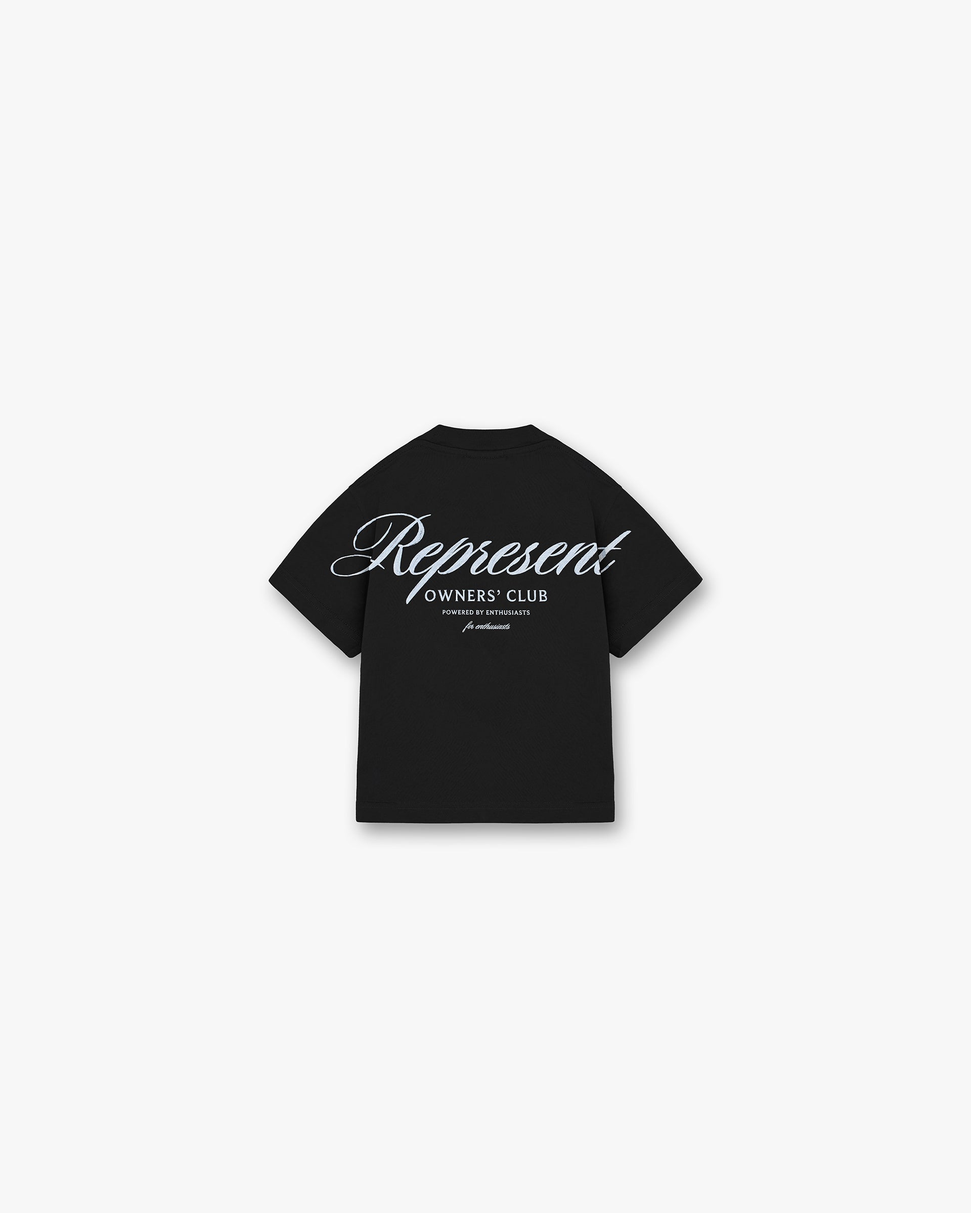 Back product image of a childs black t-shirt on a plain white background | Represent Mini Owners Club Script T-Shirt in Jet Black | Graphic t-shirt with oversized fit | Mini Owners Club T-Shirts | Represent Clo