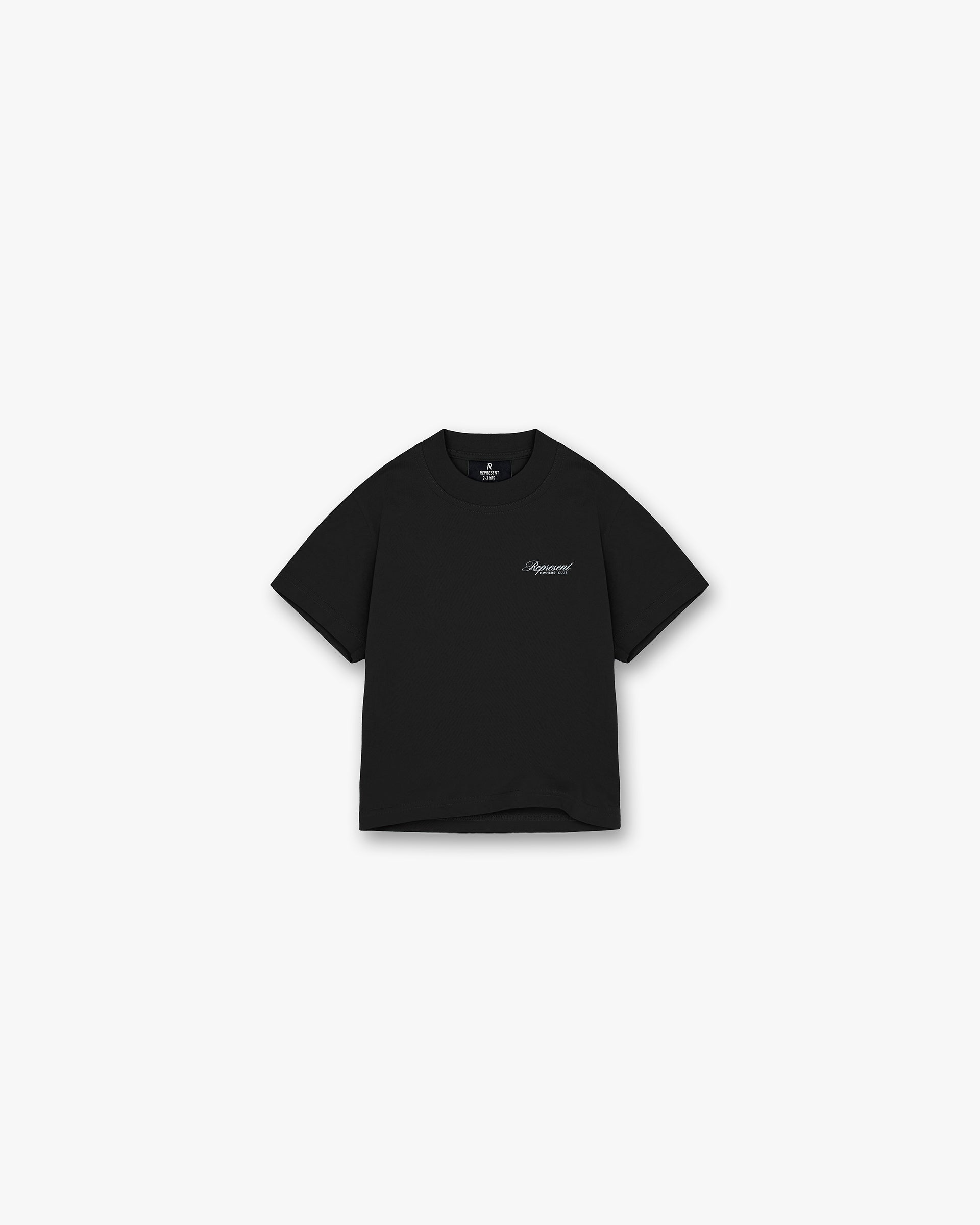 Front product image of a childs black t-shirt on a plain white background | Represent Mini Owners Club Script T-Shirt in Jet Black | Oversized childs t-shirt with tonal embroidered branding | Mini Owners Club T-Shirts | Represent Clo