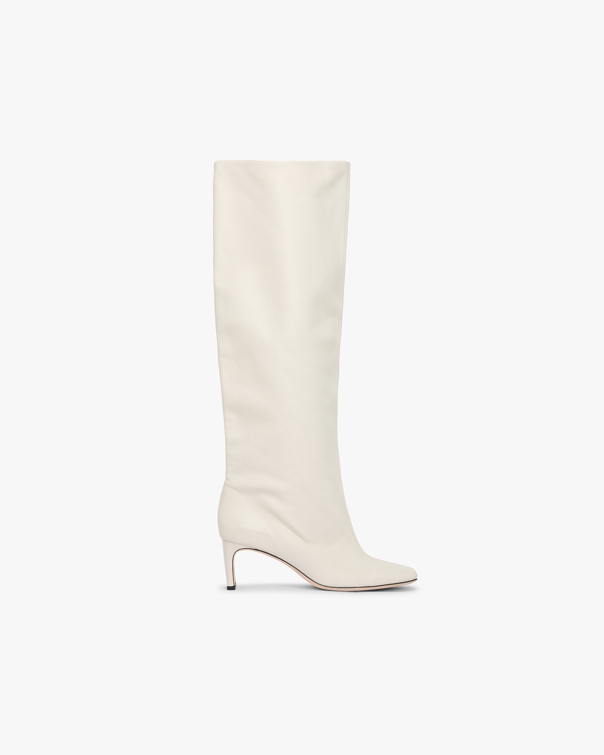 Front product image of a womens ecru knee boot on a plain white background | Square Toe Knee Boot in Ecru | Knee-high square toe boots | Womens SS25 Footwear | Represent Clo