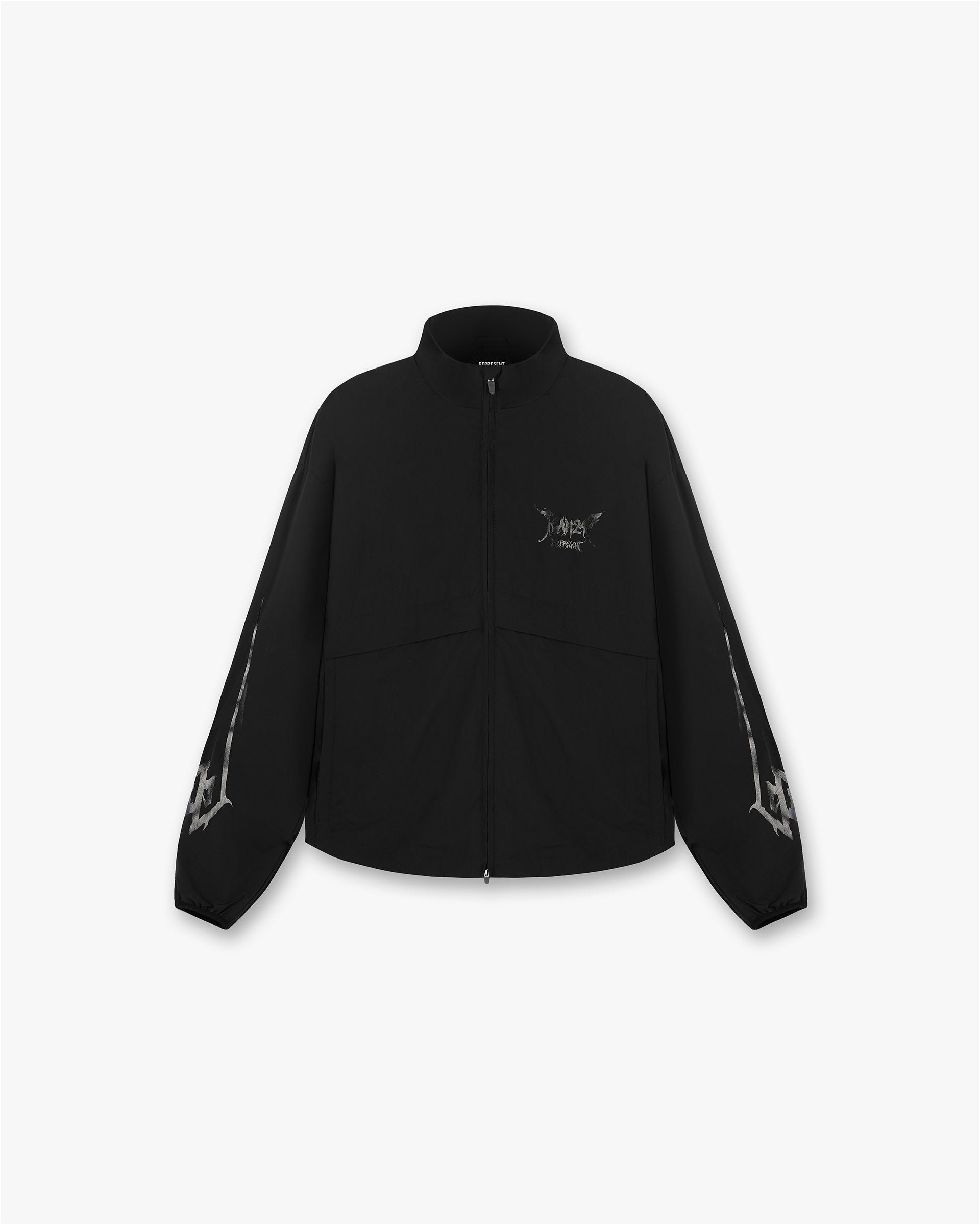 Front product image of a mens black track jacket on a plain white background | Team 247 X END Track Jacket in Jet Black | Cotton outerwear | 247 Outerwear | Represent Clo