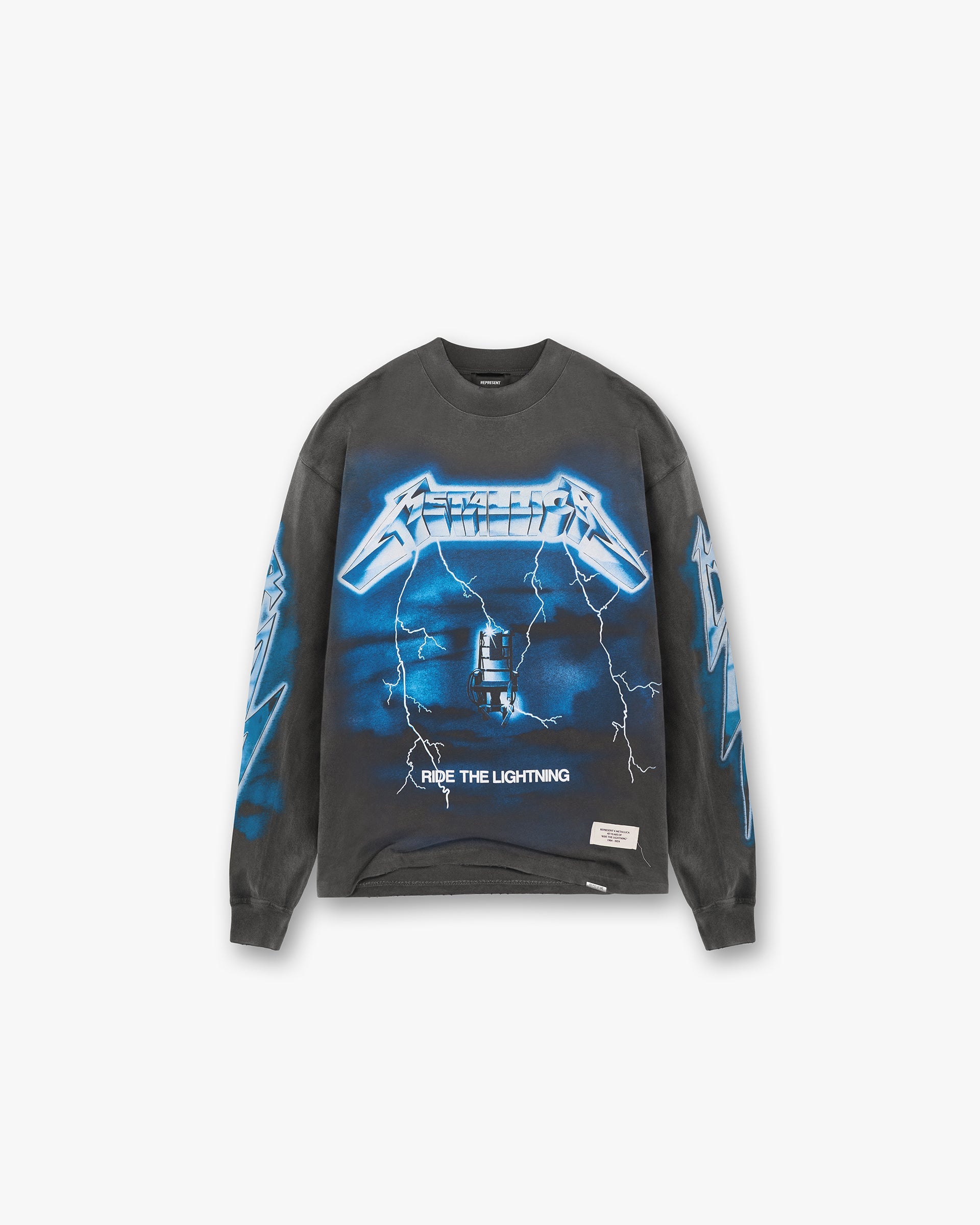 Front product image of a mens grey long sleeve t-shirt on a plain white background | Represent X Metallica Ride The Lightning Long Sleeve T-Shirt in Vintage Grey | Graphic long sleeve t-shirt with Metallica branding | SS24 T-Shirts | Represent Clo