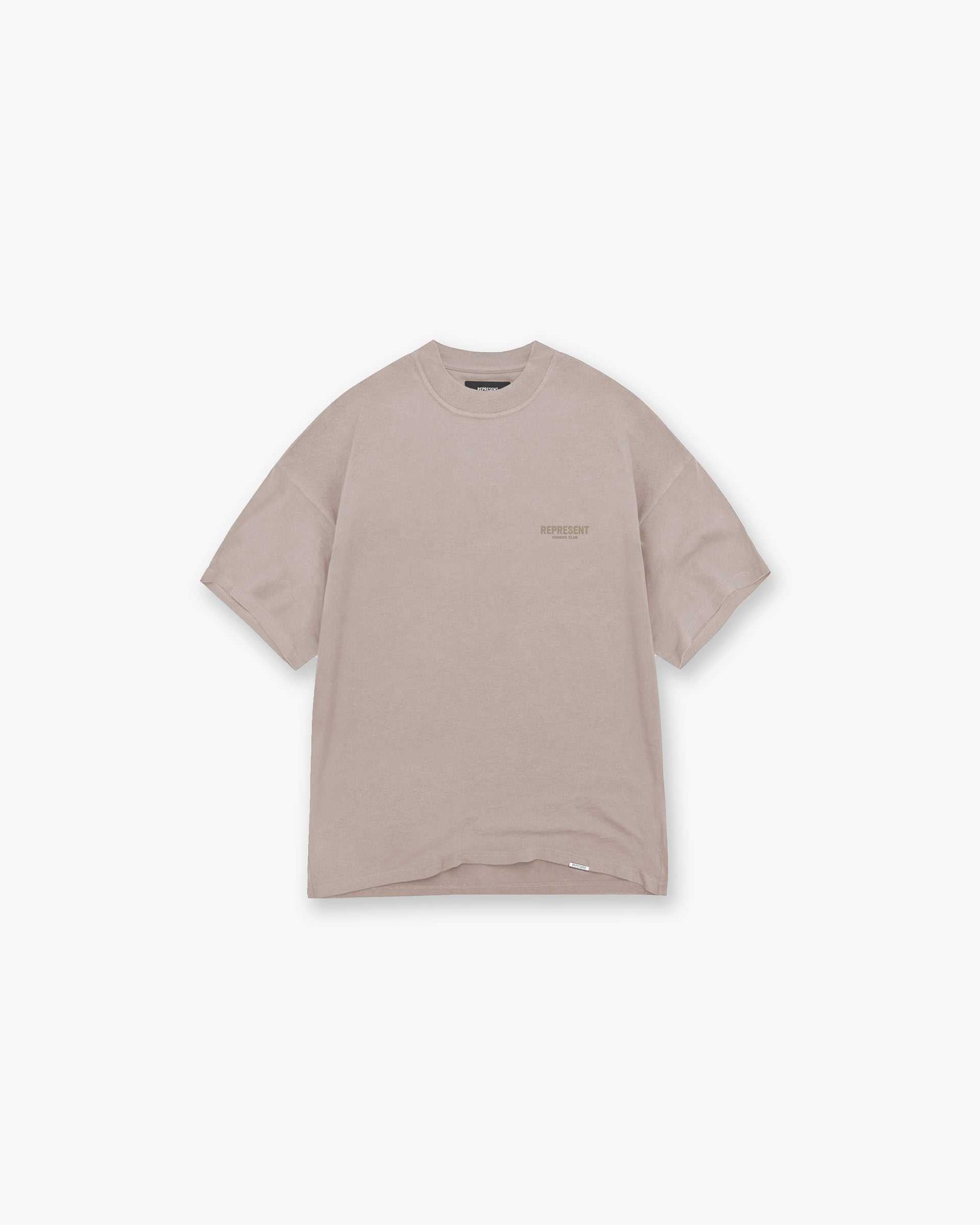 Back product image of a mens mushroom t-shirt on a plain white background | Represent Owners Club T-Shirt in Mushroom | Cotton t-shirt with high build branding | Owners Club T-Shirts | Represent Clo