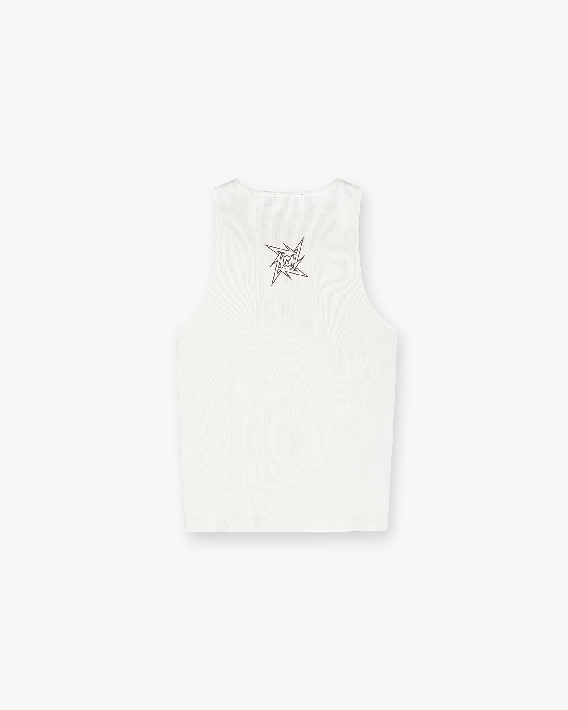 Back product image of a mens white vest on a plain white background | Represent X Metallica Local Crew Vest in Flat White | Vest with cracked Metallica ninja star logo | SS24 Other T-Shirts | Represent Clo