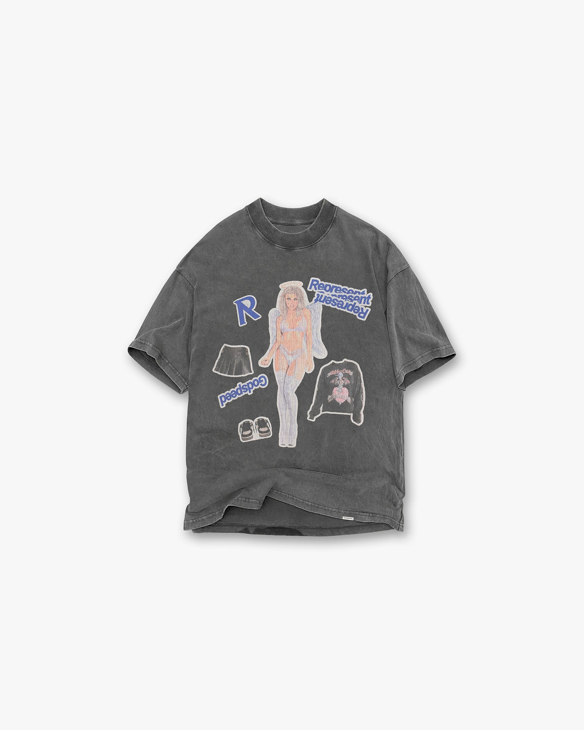 Front product image of a mens grey t-shirt on a plain white background | Question Your Innocence T-Shirt in Vintage Grey | Oversized fit heavy weight jersey cotton t-shirt | FW24 T-Shirts | Represent Clo