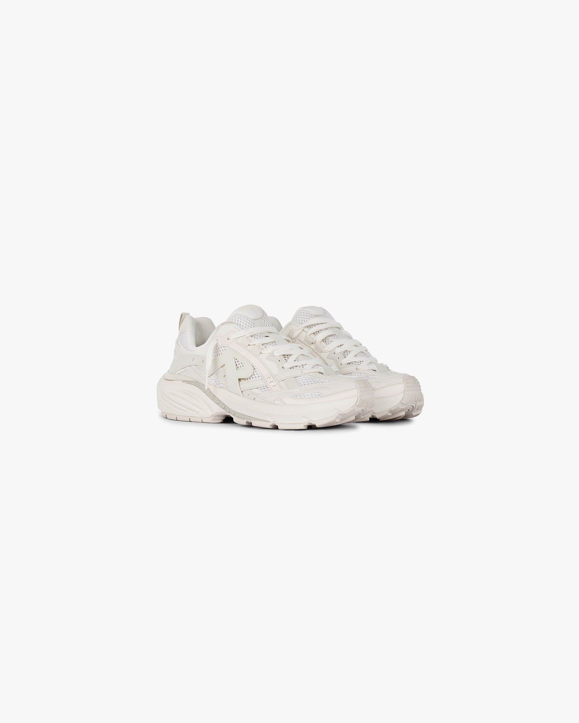 Back product image of womens white running shoe on a plain white background | Storm Runner in Off White | Lightweight mesh upper with synthetic overlays | SS25 Footwear | Represent Clo
