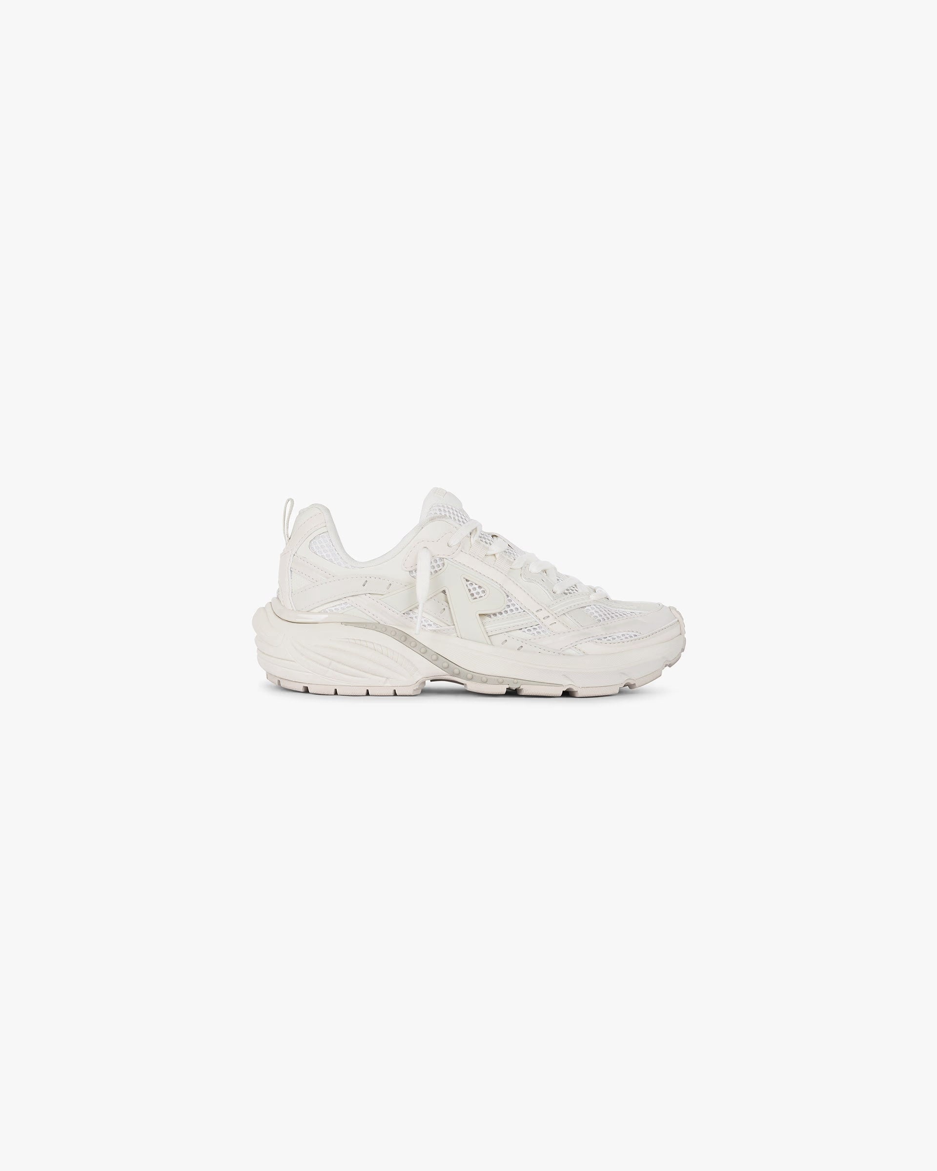 Front product image of womens off white footwear on a plain white background | Storm Runner in Off White | Oversized low rise jeans with skater pockets and triple needle stitching | Womens SS25 Footwear | Represent Clo