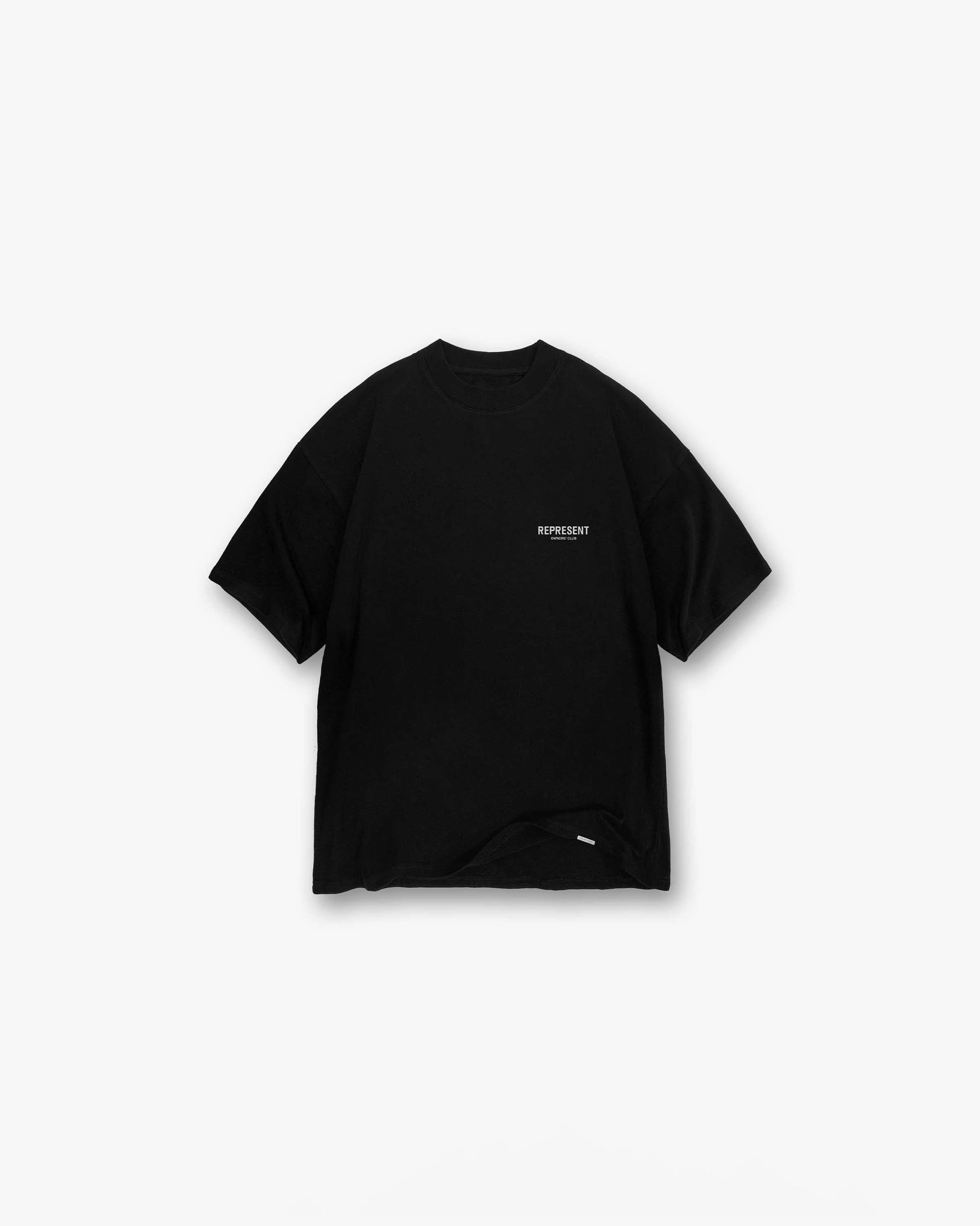 Back product image of a mens black t-shirt on a plain white background | Represent Owners Club T-Shirt in Black | Oversized t-shirt with screen printed branding | Owners Club T-Shirts | Represent Clo
