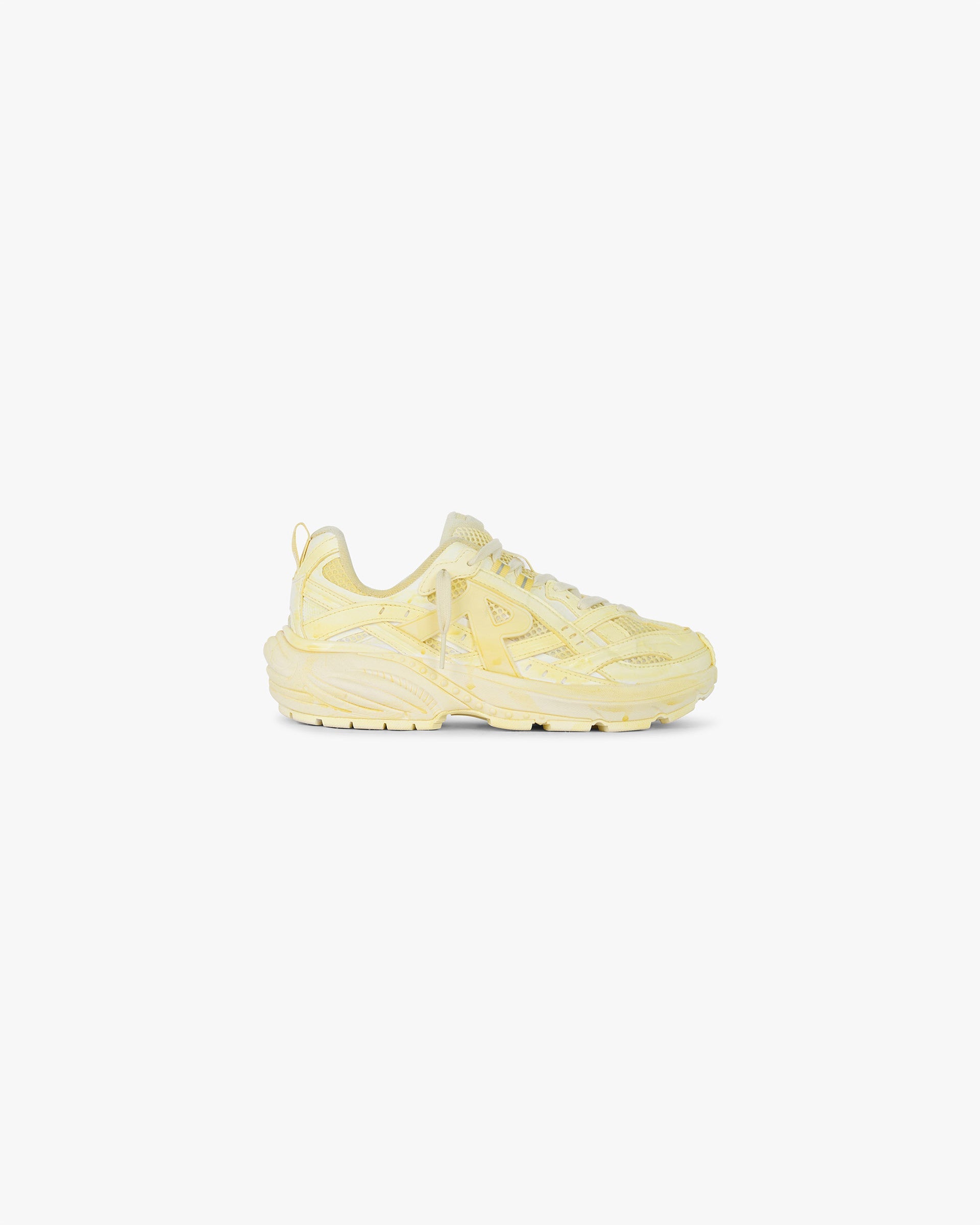Front product image of womens yellow footwear on a plain white background | Storm Runner in Dip Dye Yellow | Stylish runners with dip dye effect | SS25 Footwear | Represent Clo