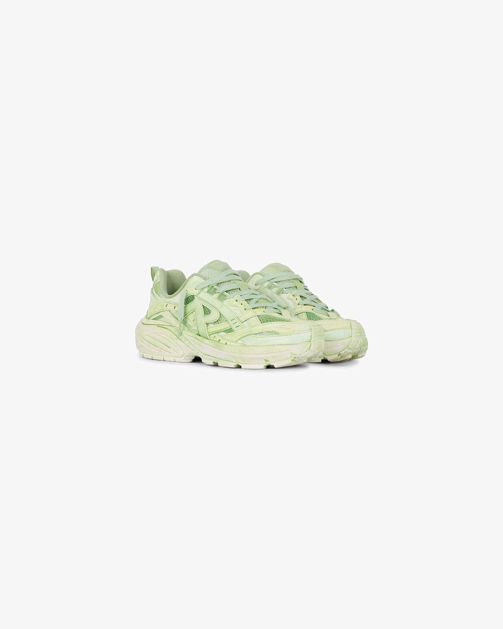 Back product image of a womens lime sneaker on a plain white background | Storm Runner Dip Dye Shadow Lime | Lightweight mesh upper sneakers | Womens SS25 Footwear | Represent Clo