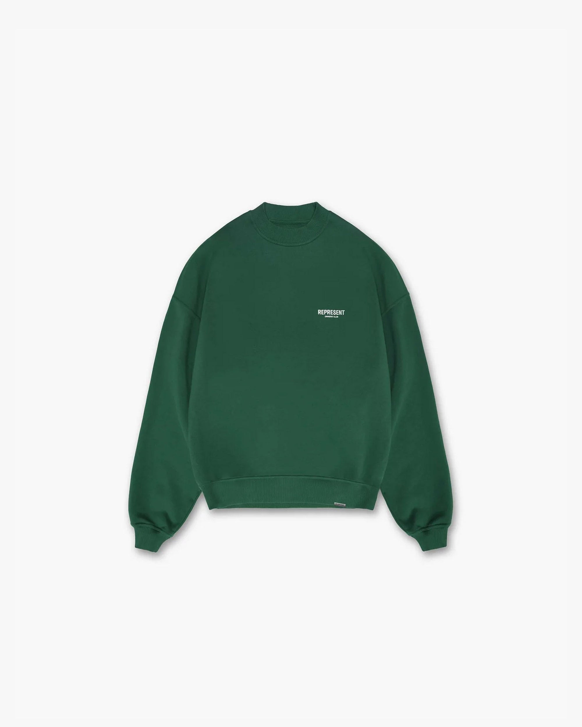 Back product image of a mens green sweater on a plain white background | Represent Owners Club Sweater in Racing Green | Oversized cotton sweater with ribbed hem and cuffs | Owners Club Sweaters | Represent Clo
