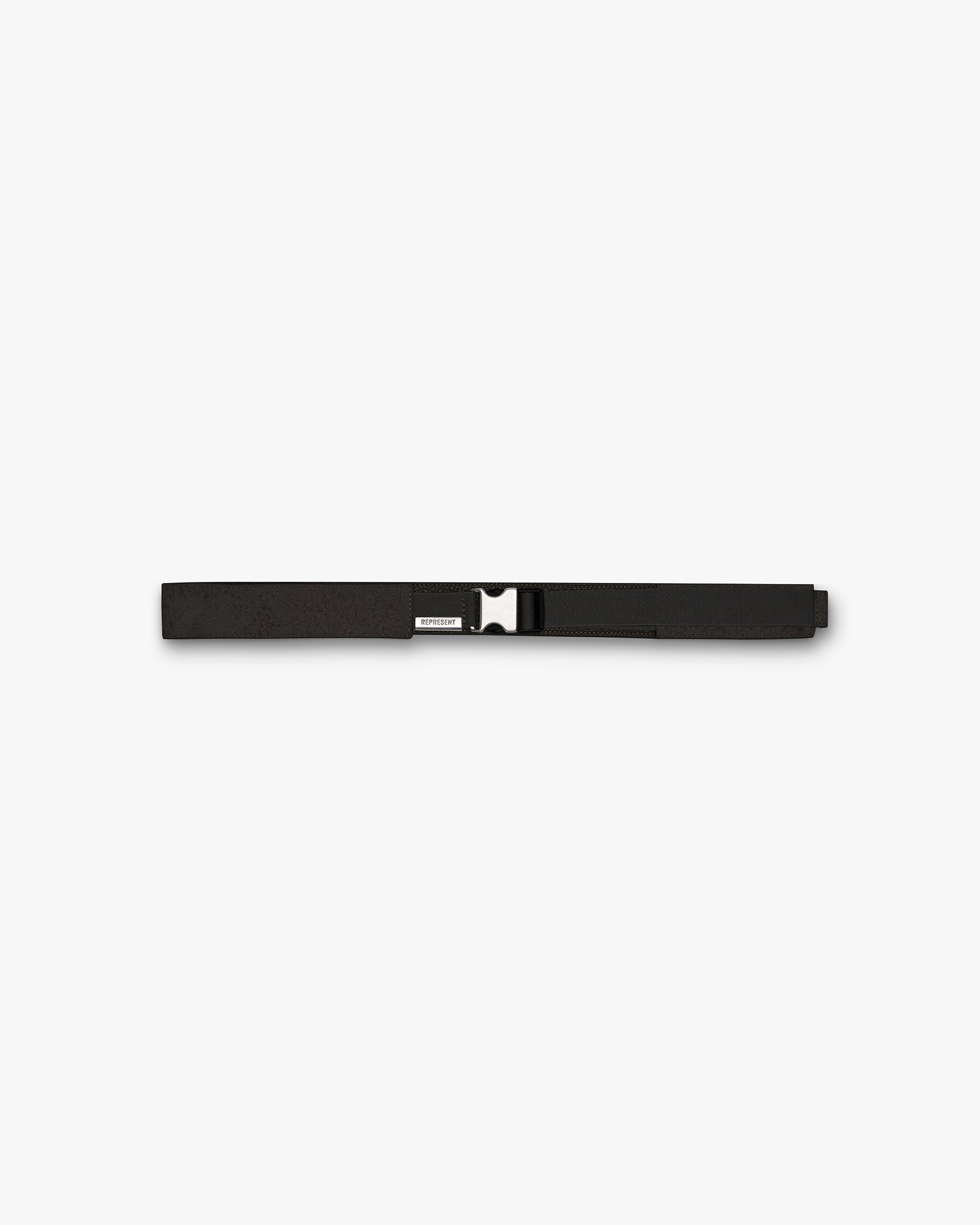 Front product image of a mens black belt on a plain white background | Represent Belt in Black | Sleek leather belt with metal buckle | SS24 Accessories | Represent Clo