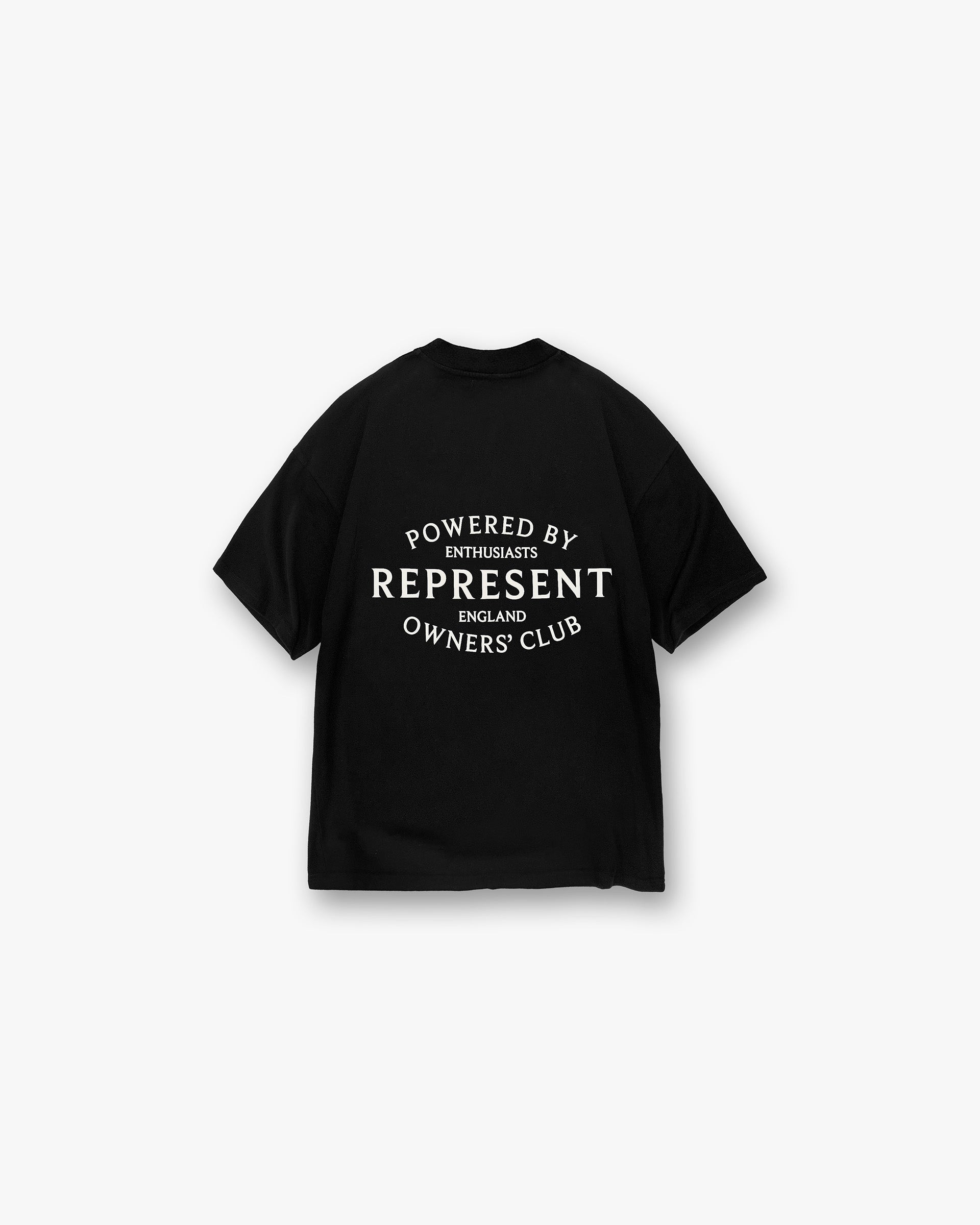 Front product image of a mens black t-shirt on a plain white background | Represent Owners Club Stamp T-Shirt in Jet Black | Graphic t-shirt with stamped logo | Owners Club T-Shirts | Represent Clo