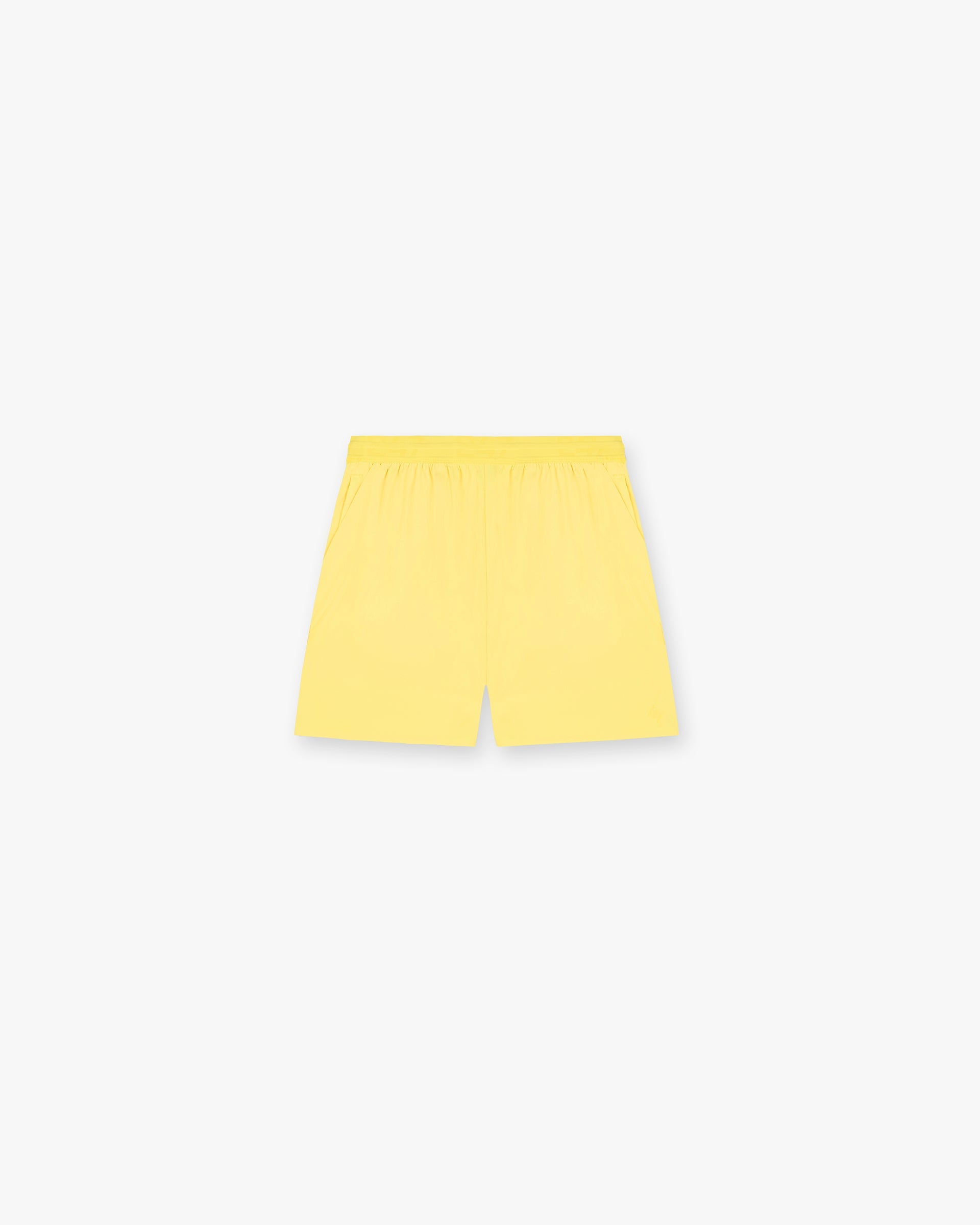 Back product image of mens yellow shorts on a plain white background | Team 247 Fused Shorts in Lemon | Yellow gym shorts with internal drawcords and reversible zippers | 247 Shorts | Represent Clo