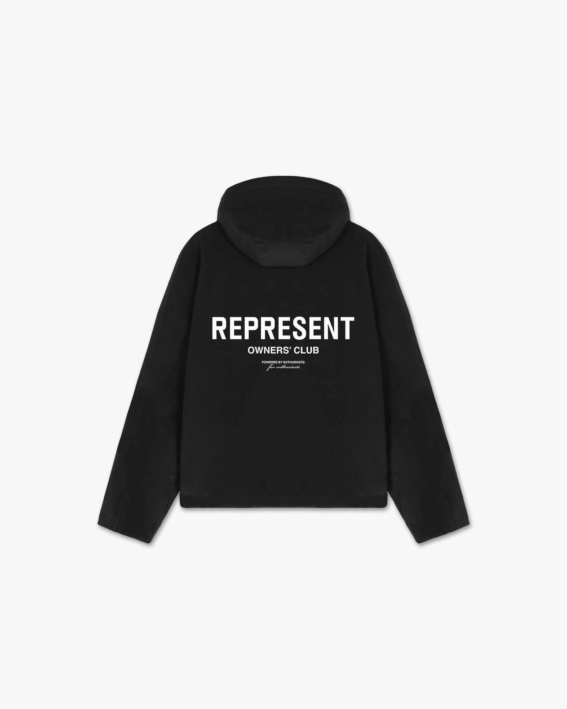 Back product image of a mens black pullover jacket on a plain white background | Owners Club Nylon Pullover Jacket in Black | Oversized jacket with elasticated drawstring hem | Owners Club Outerwear | Represent Clo