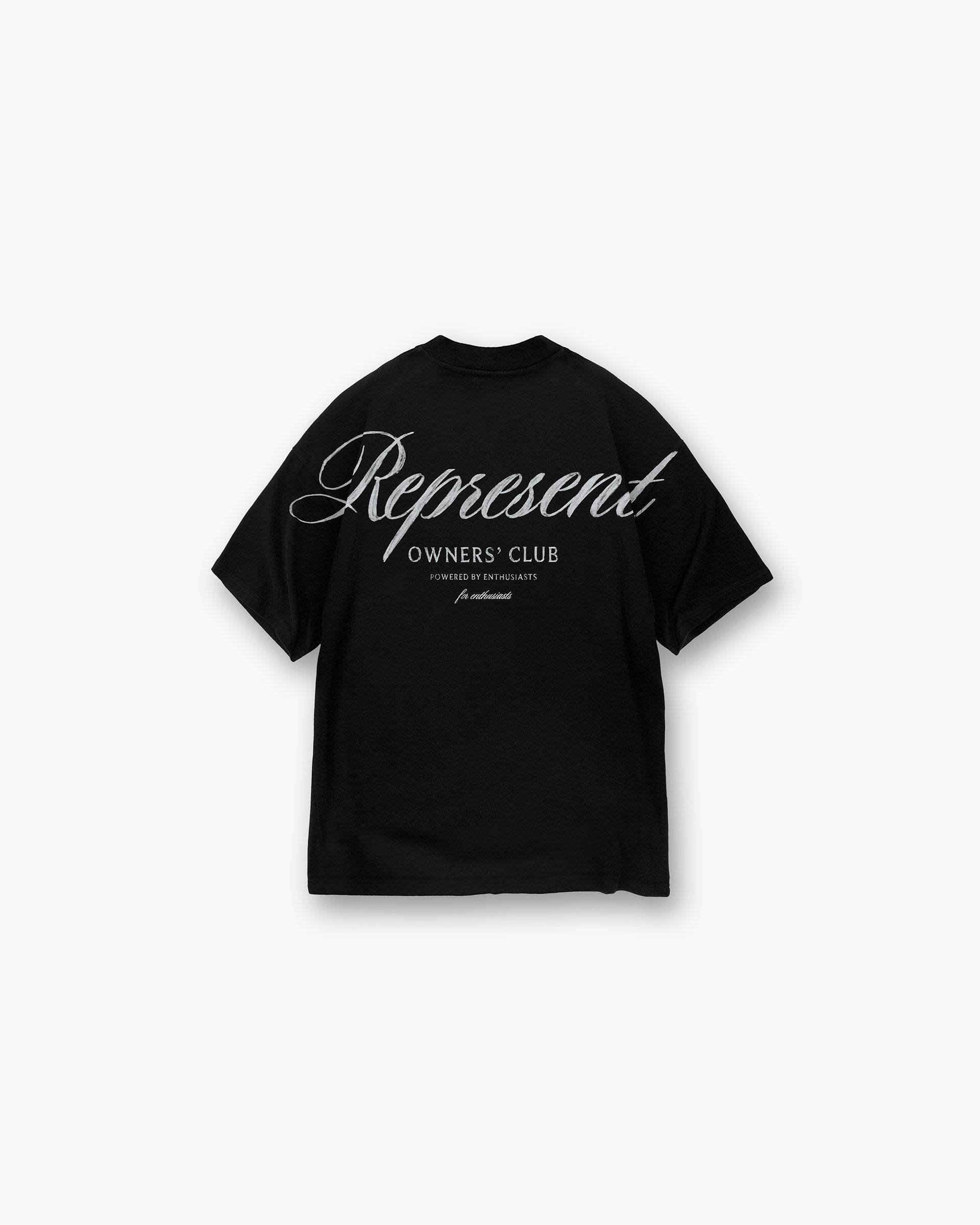 Front product image of a mens black t-shirt on a plain white background | Represent Owners Club Script T-Shirt in Black | Oversized fit t-shirt with Resorts graphics and metal bar logo | Owners Club T-Shirts | Represent Clo