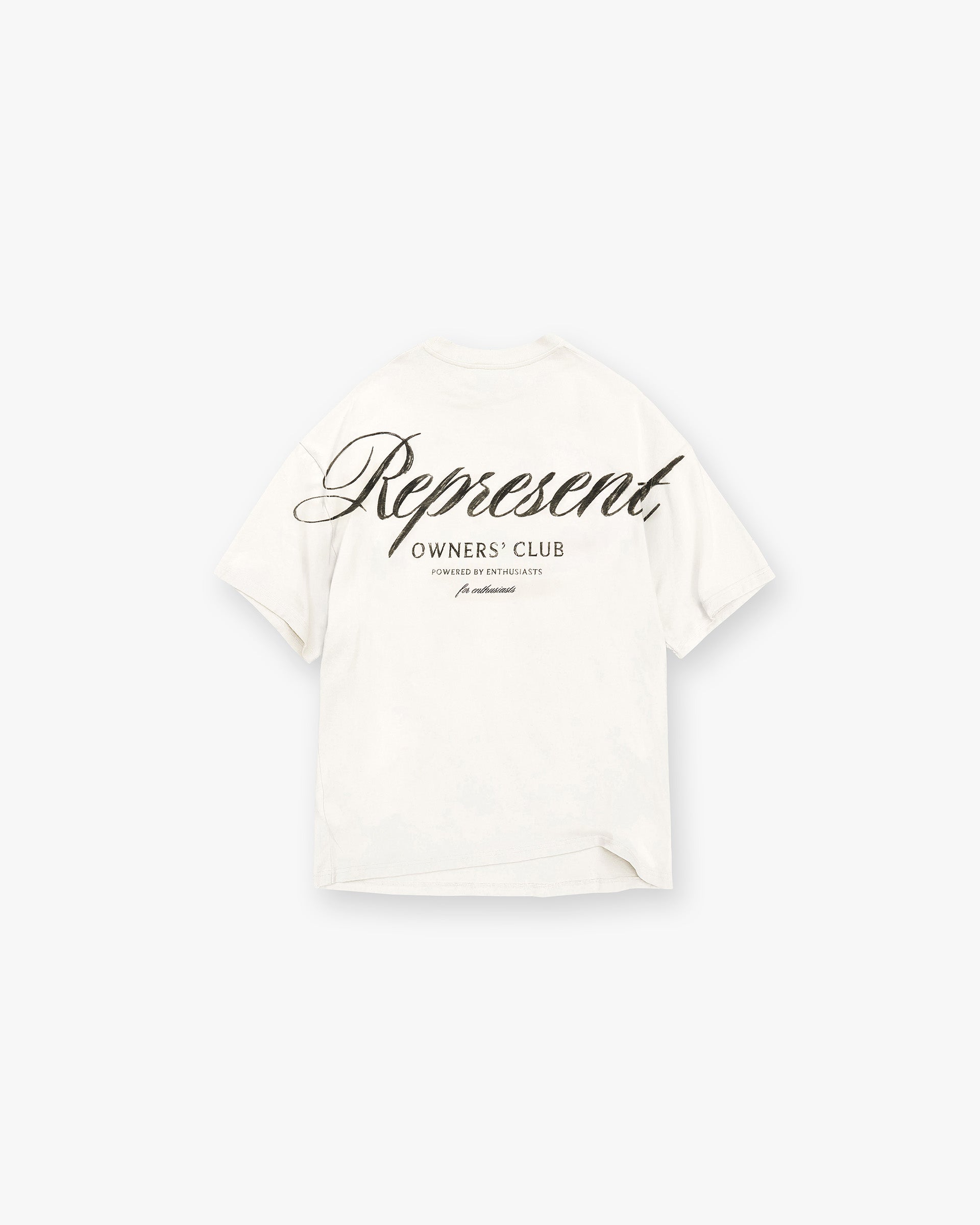 Back product image of a mens white t-shirt on a plain white background | Represent Owners Club Script T-Shirt in Flat White | T-shirt with oversized fit | Owners Club T-Shirts | Represent Clo