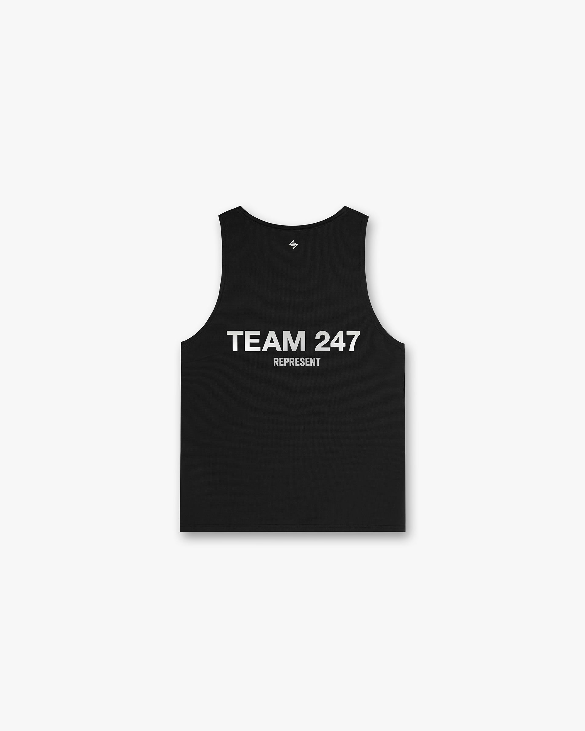 Back product image of a mens black running vest on a plain white background | Team 247 Run Vest in Black | Lightweight breathable running vest with branding | 247 T-Shirts | Represent Clo
