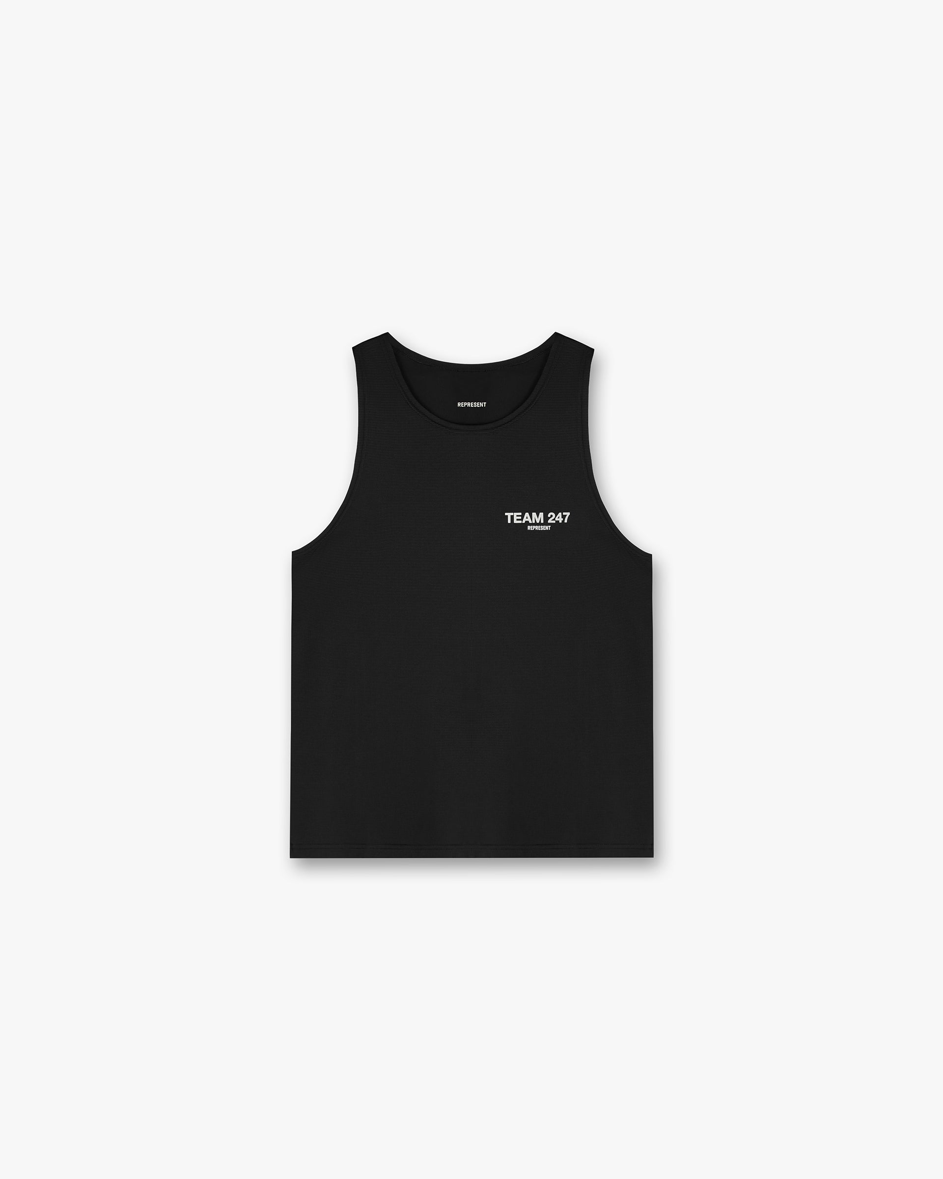 Front product image of a mens black t-shirt on a plain white background | Team 247 Run Vest in Black | Oversized boxy fit with split stepped hem | 247 T-Shirts | Represent Clo