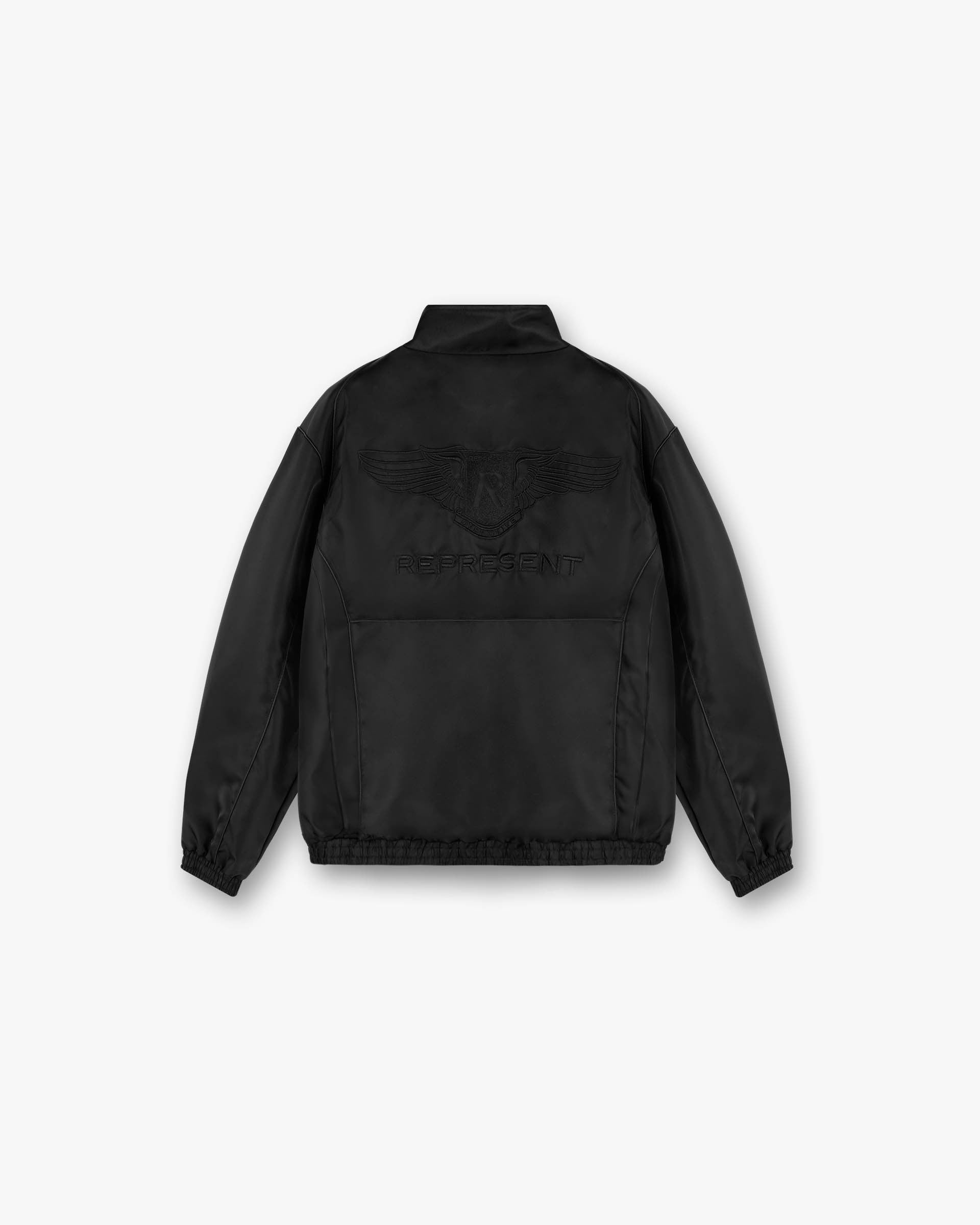 Back product image of a mens black racing jacket on a plain white background | Overdrive Racing Jacket in Black | Racing jacket with piping yoke seam detail and tonal embroidery | SS25 Outerwear | Represent Clo