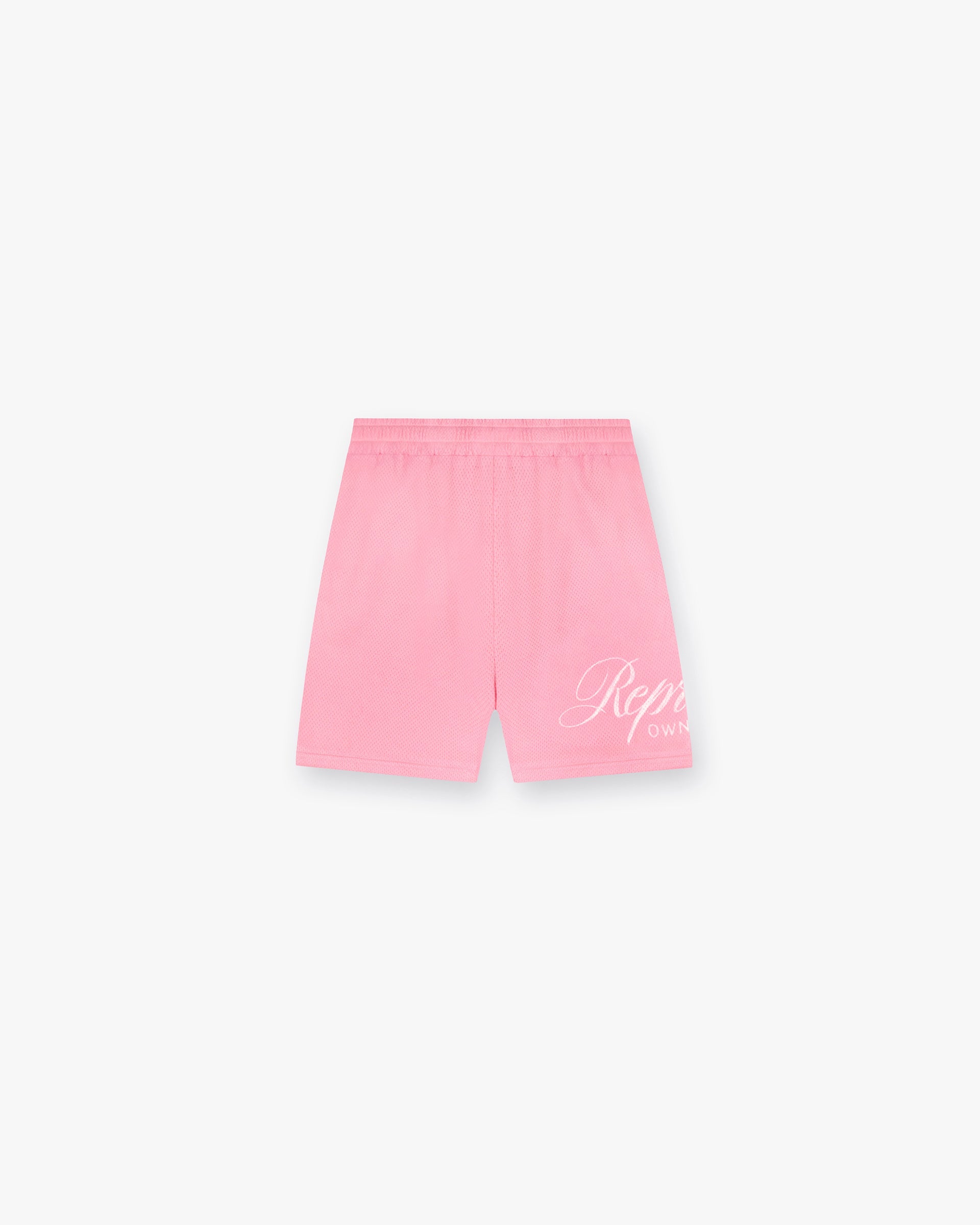 Front product image of mens pink mesh shorts on a plain white background | Represent Owners Club Script Mesh Shorts in Pink | Mesh shorts for comfort and style | Owners Club Shorts | Represent Clo