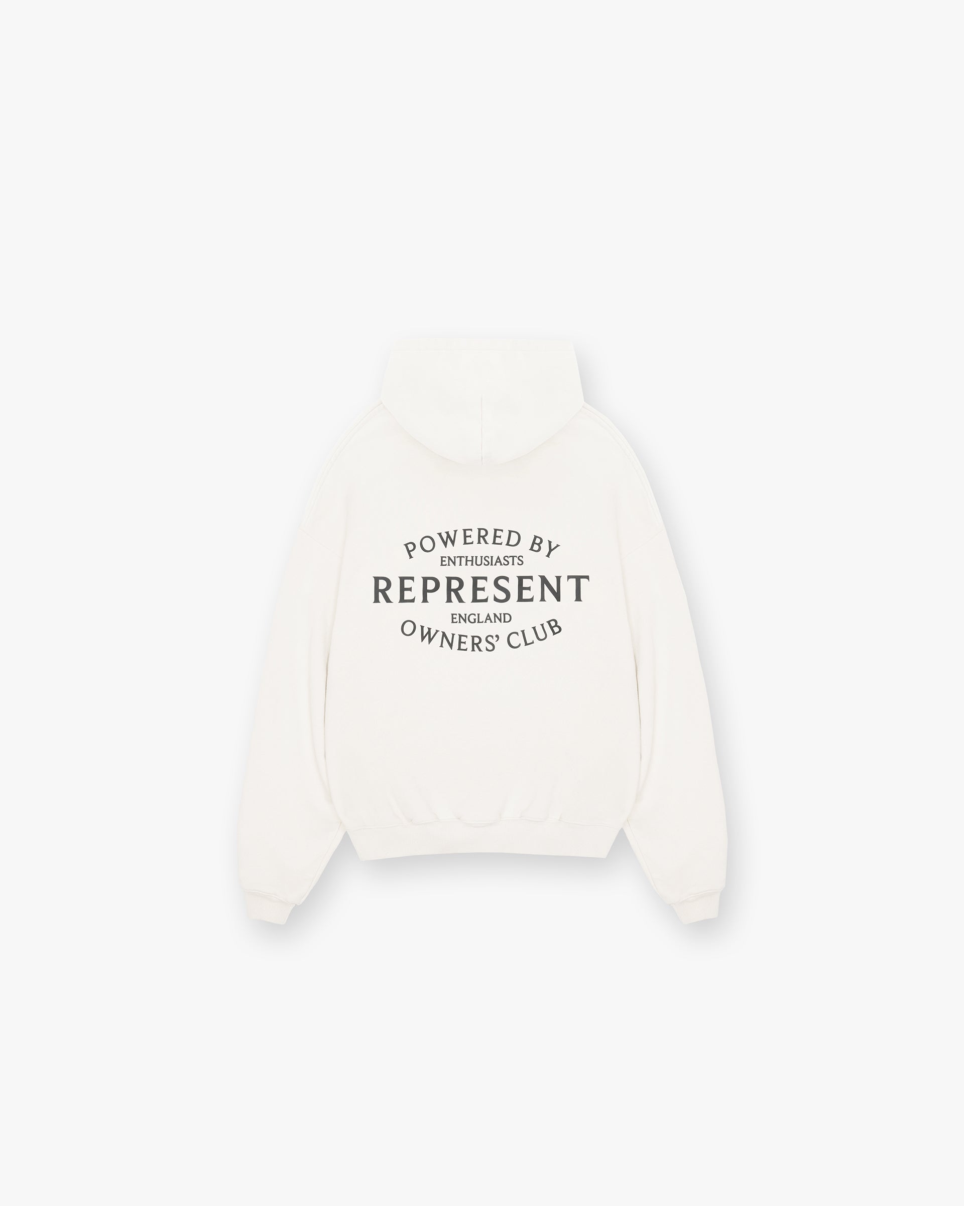 Front product image of a mens white hoodie on a plain white background | Represent Owners Club Stamp Hoodie in Flat White | Relaxed fit hoodie with Owners Club print | Owners Club Hoodies | Represent Clo