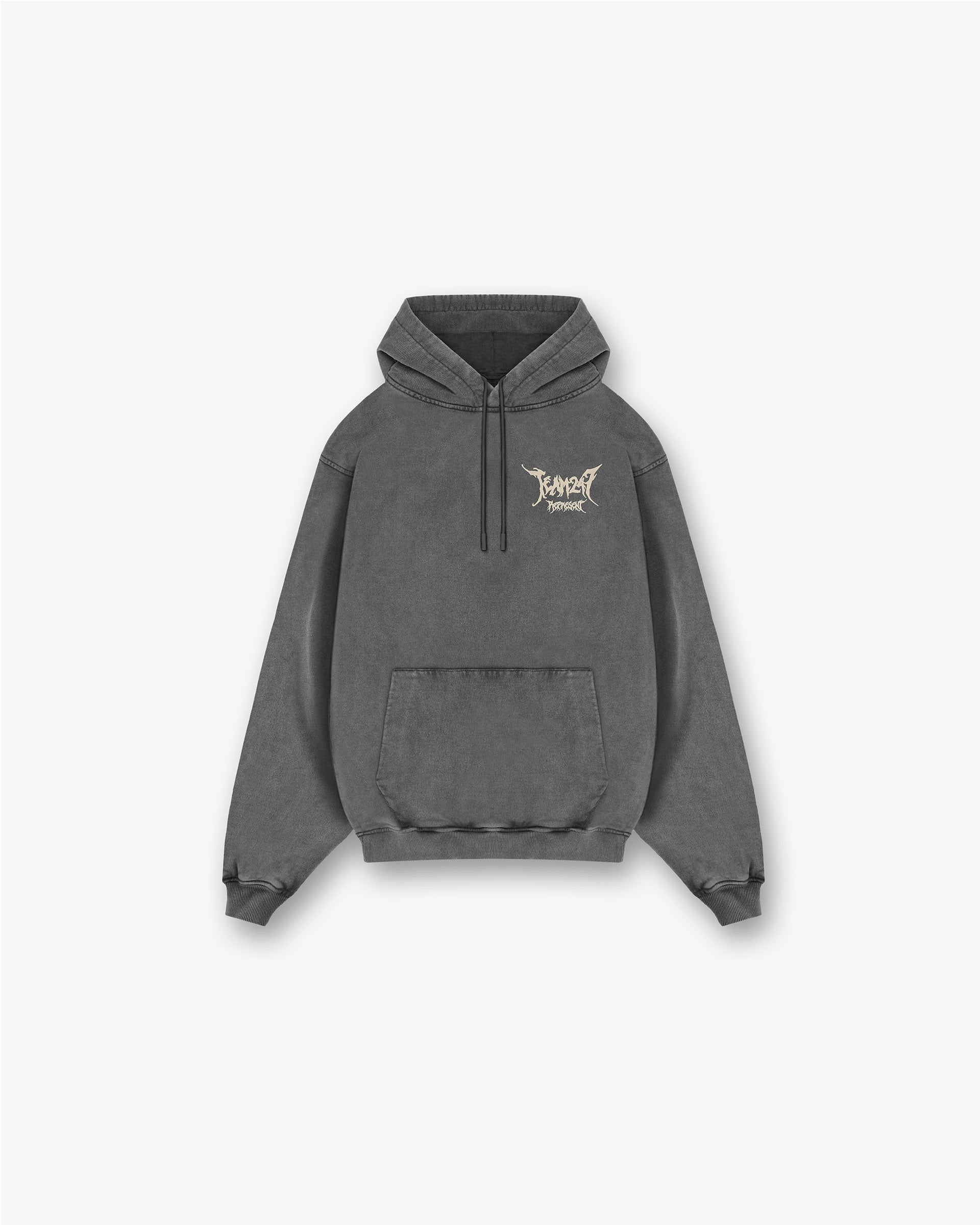 Front product image of a mens grey oversized hoodie on a plain white background | Team 247 X END Oversized Hoodie in Washed Grey | Oversized hoodie with vintage worn graphic and side split hem | 247 Hoodies | Represent Clo