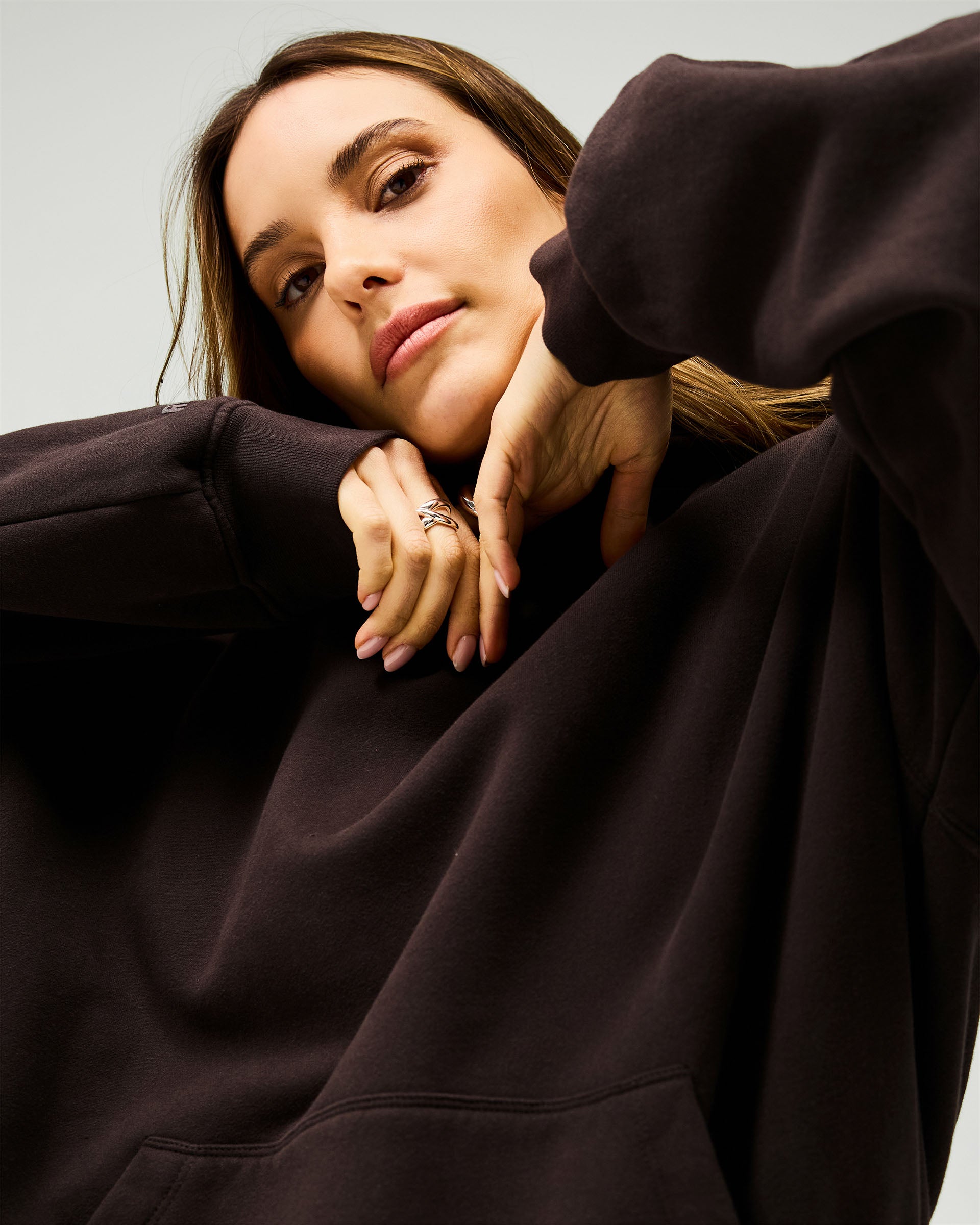 Back product image of a womens brown hoodie on a plain white background | Owners Club Boyfriend Hoodie in Black Coffee | Hoodie with ribbed hem and cuffs | Womens Owners Club Hoodies | Represent Clo