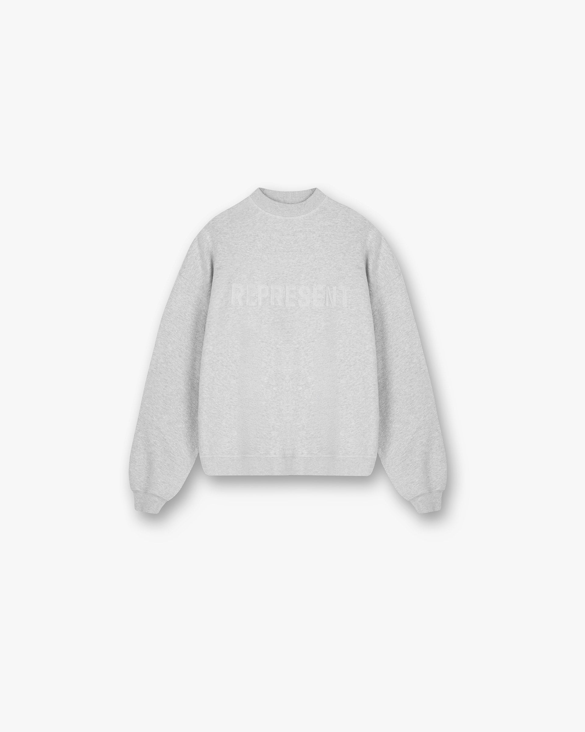 Front product image of a womens grey sweater on a plain white background | Owners Club Sweater in Grey Marl | Soft knit sweater with subtle branding | Womens Owners Club Sweaters | Represent Clo
