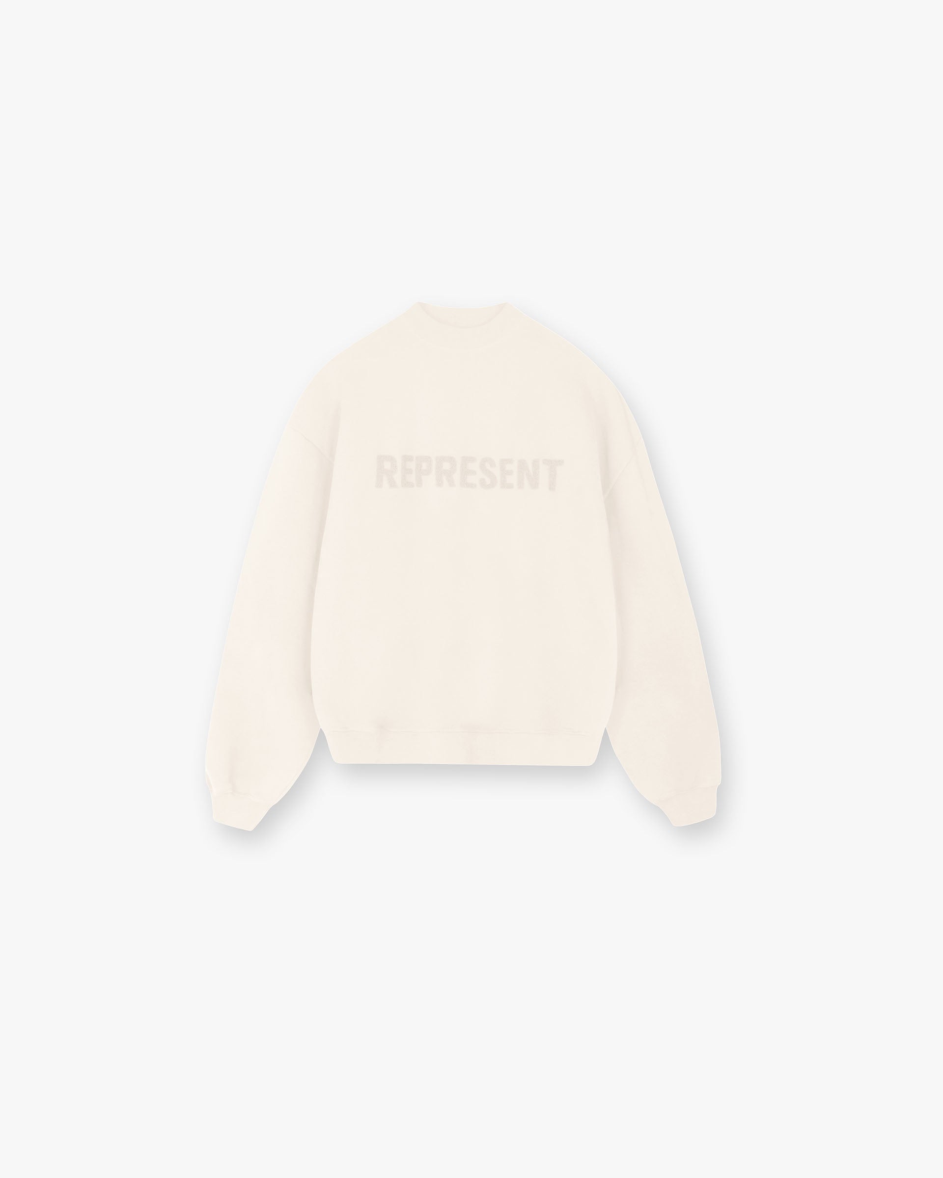 Front product image of a womens cream sweater on a plain white background | Owners Club Sweater in Oat Milk | Heavy weight jersey cotton sweater | Womens Owners Club Sweaters | Represent Clo
