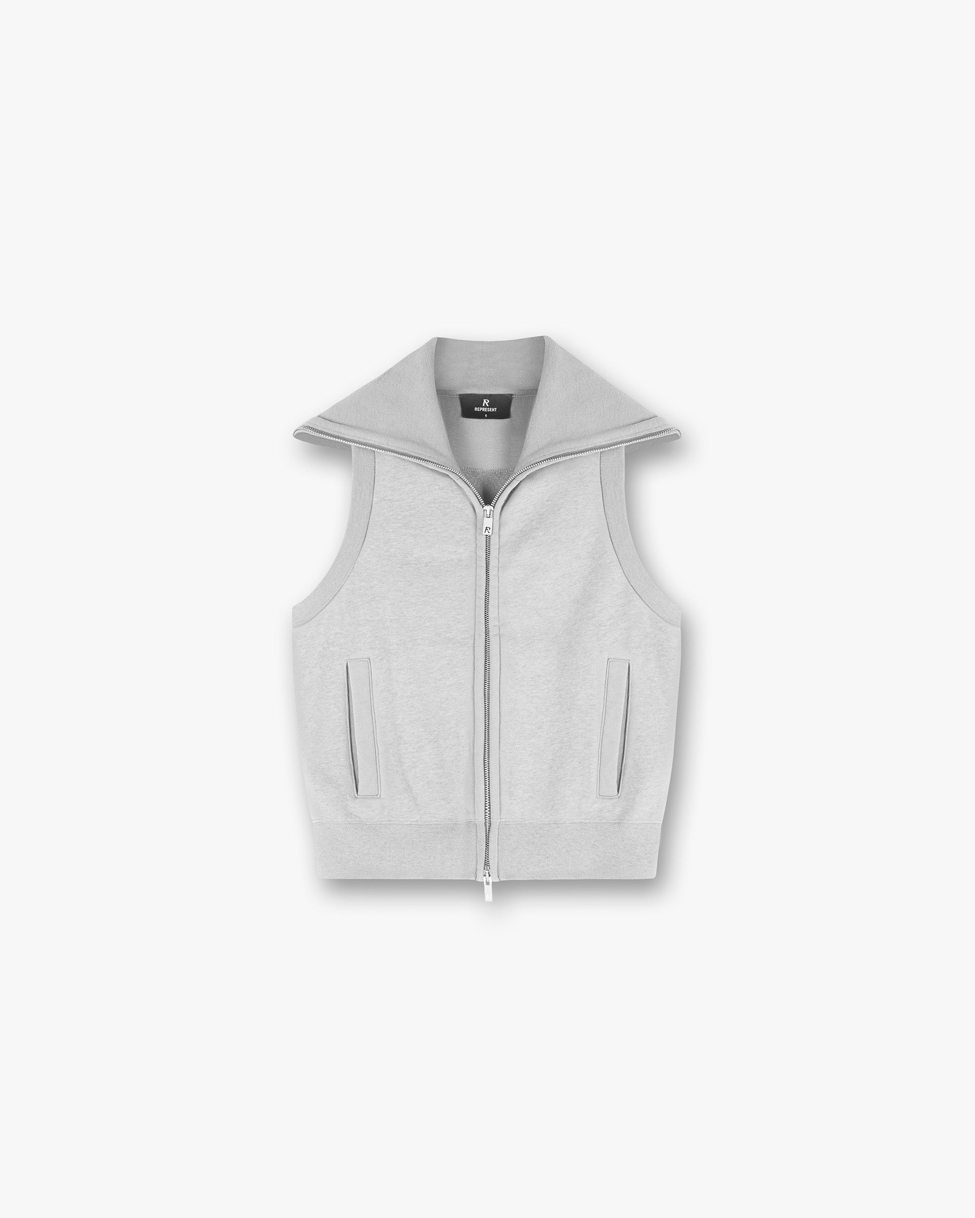 Front product image of a womens grey gilet on a plain white background | Owners Club Gilet in Grey Marl | Recycled nylon outerwear | Womens Owners Club Outerwear | Represent Clo