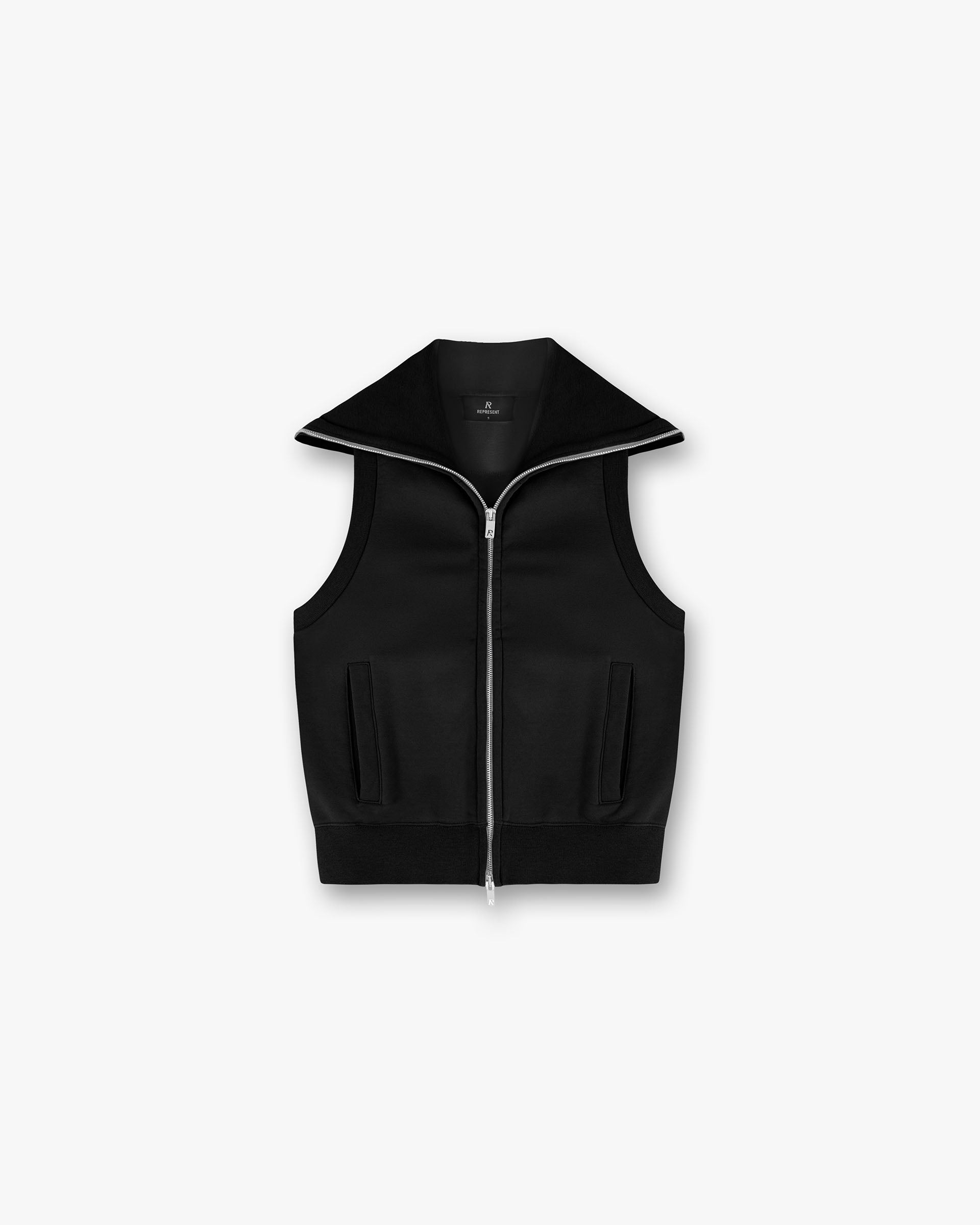Front product image of a womens black quilted gilet on a plain white background | Owners Club Gilet in Jet Black | Quilted gilet with double zip closure | Womens Owners Club Outerwear | Represent Clo