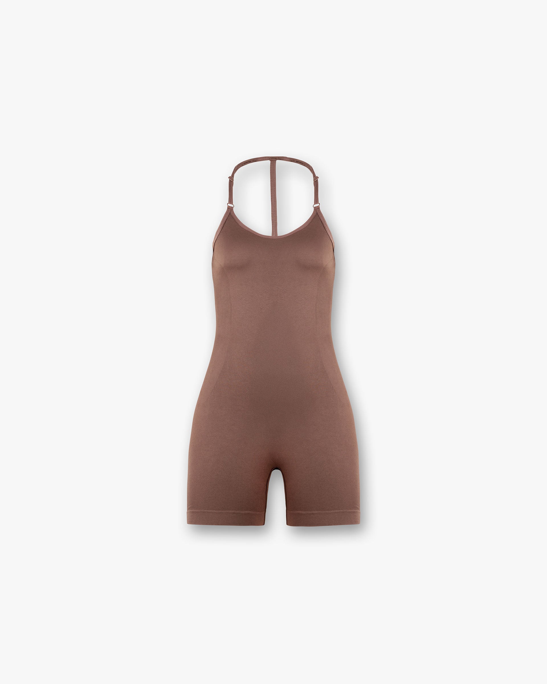 Front product image of a womens mocha jumpsuit on a plain white background | Owners Club Seamless Jumpsuit in Mocha | Seamless jumpsuit with a sleek fit | Womens Jumpsuits | Represent Clo