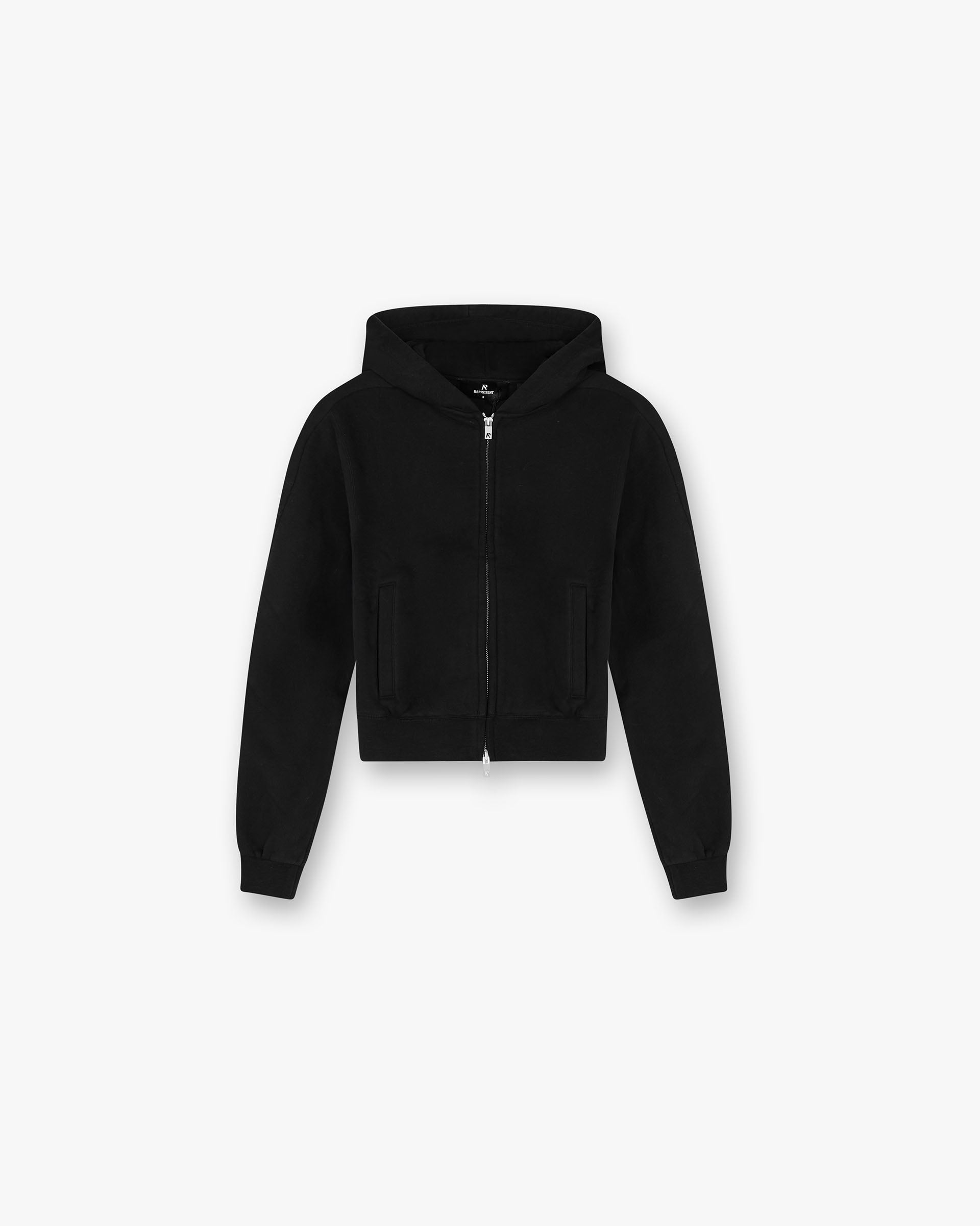 Front product image of a womens black slim zip hoodie on a plain white background | Owners Club Slim Zip Hoodie in Jet Black | Slim zip hoodie with woven branding label | Womens Owners Club Hoodies | Represent Clo